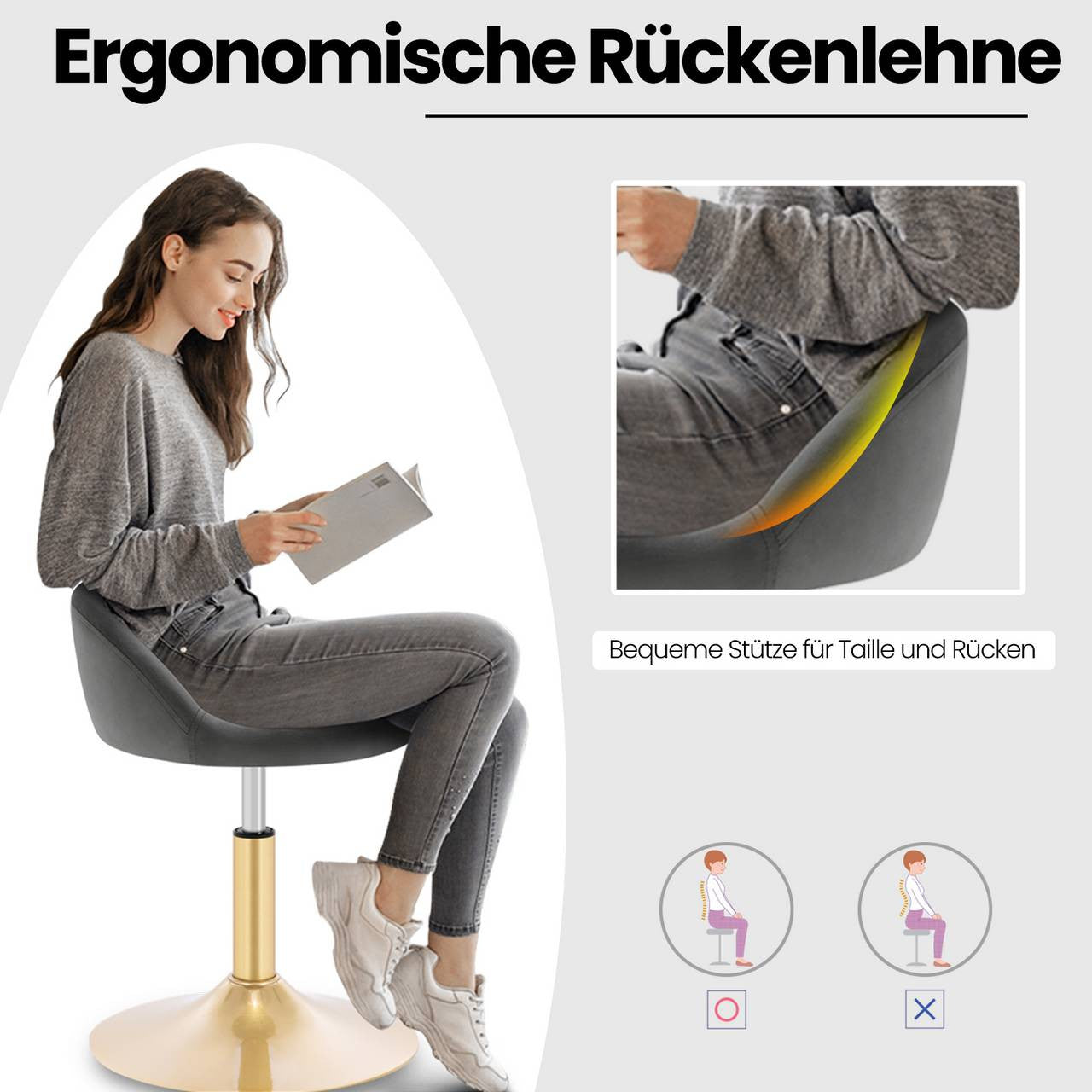 24goodz Velvet Makeup Stool - Soft & Comfortable - Adjustable Height - Velvet + Metal - Dark Grey + Gold