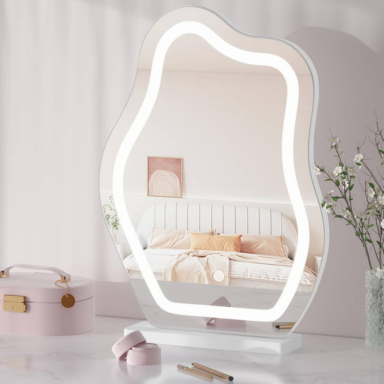 24goodz Cloud-Shaped Makeup Mirror with Dimmable LED Lighting - Unique Artistic Design - Glass and MDF - For Beauty Enthusiasts - White 43x56 cm