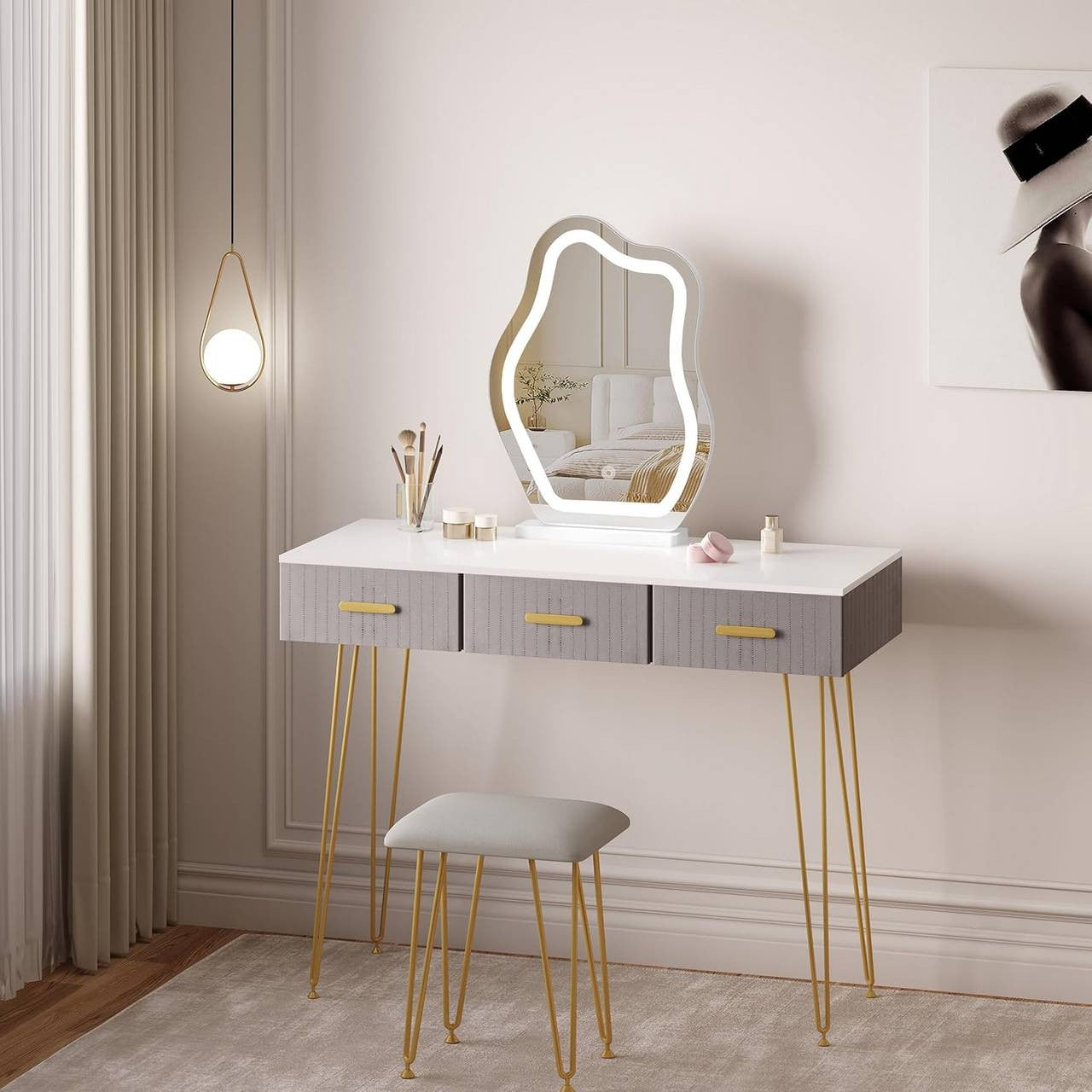 24goodz Cloud-Shaped Makeup Mirror with Dimmable LED Lighting - Unique Artistic Design - Glass and MDF - For Beauty Enthusiasts - White 43x56 cm