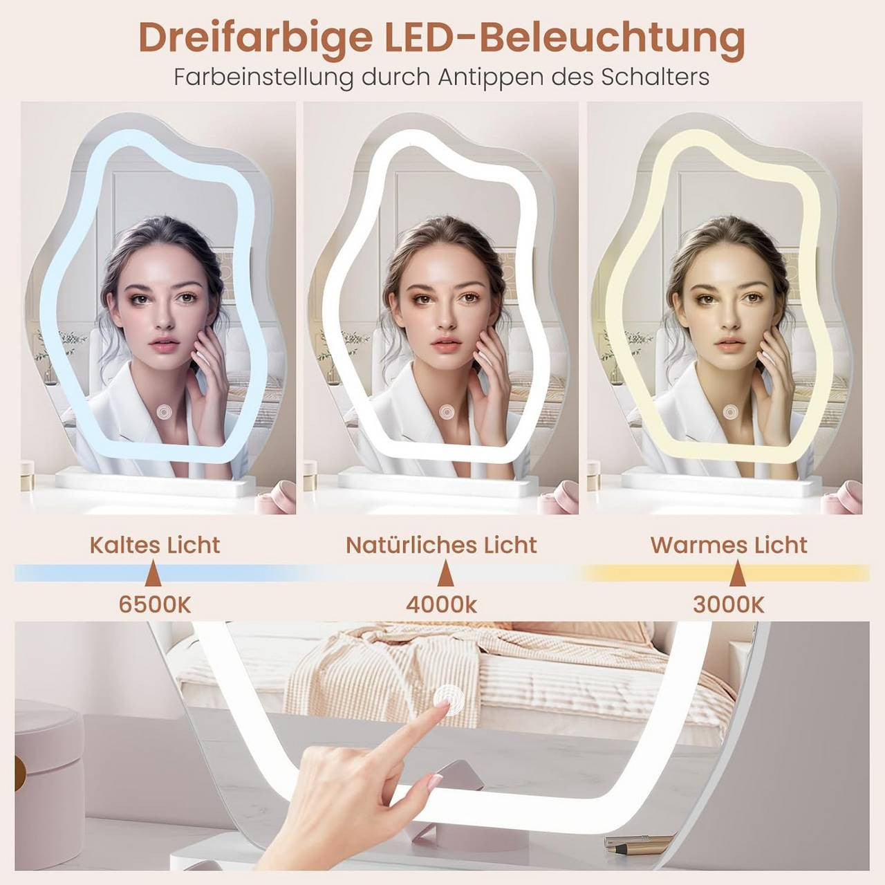 24goodz Cloud-Shaped Makeup Mirror with Dimmable LED Lighting - Unique Artistic Design - Glass and MDF - For Beauty Enthusiasts - White 43x56 cm