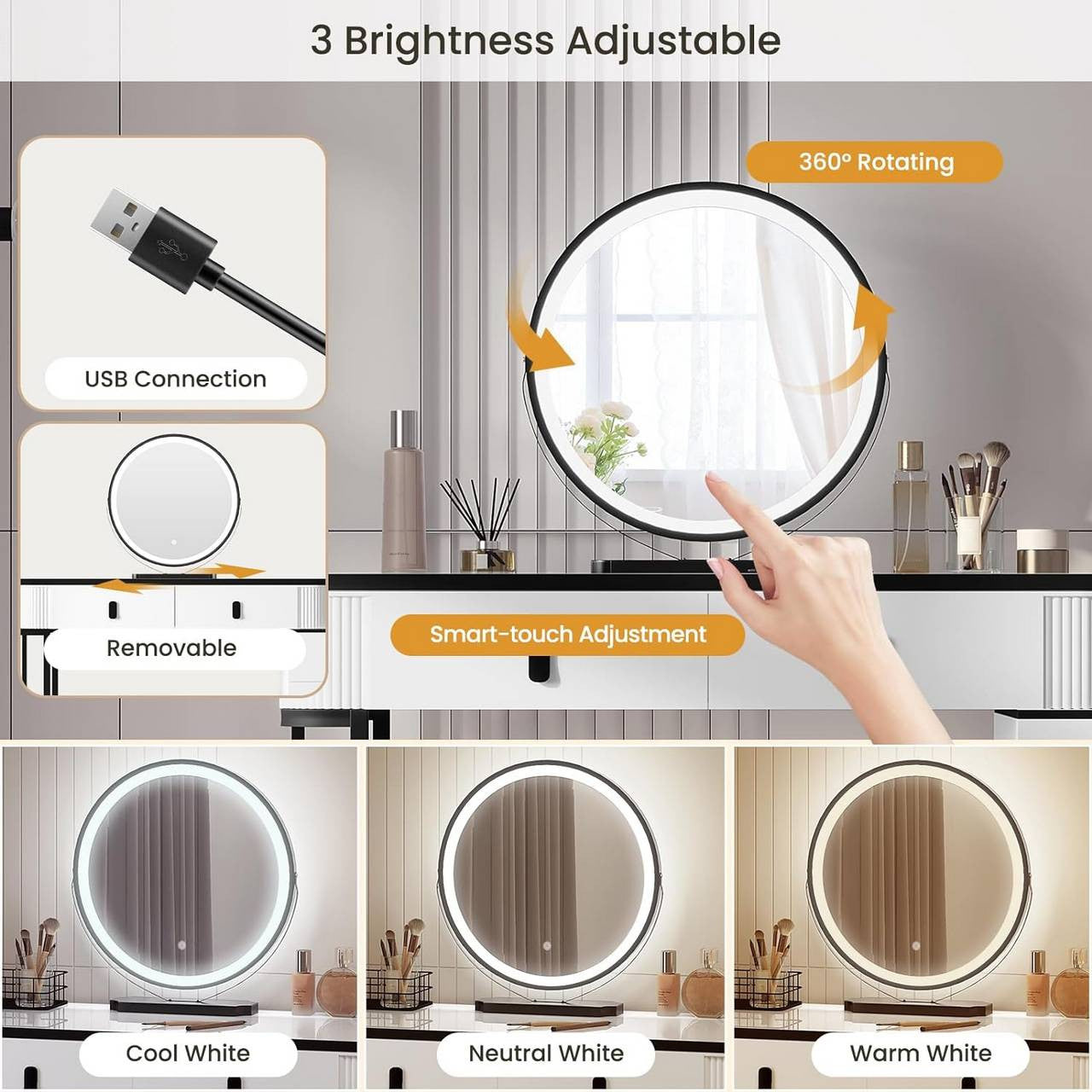 24goodz Vanity Table with LED Mirror - Dimmable Lighting - High-Quality Materials - For Beauty Enthusiasts - White + Black