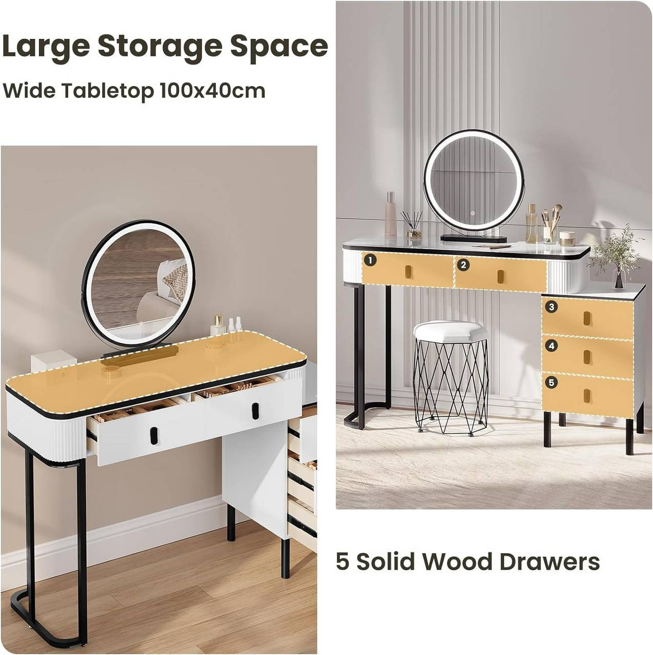 24goodz Vanity Table with LED Mirror - Dimmable Lighting - High-Quality Materials - For Beauty Enthusiasts - White + Black