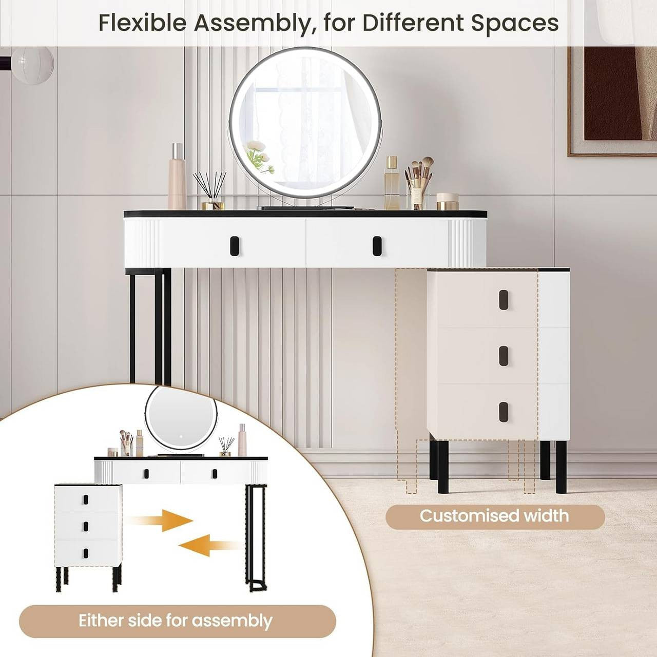 24goodz Vanity Table with LED Mirror - Dimmable Lighting - High-Quality Materials - For Beauty Enthusiasts - White + Black