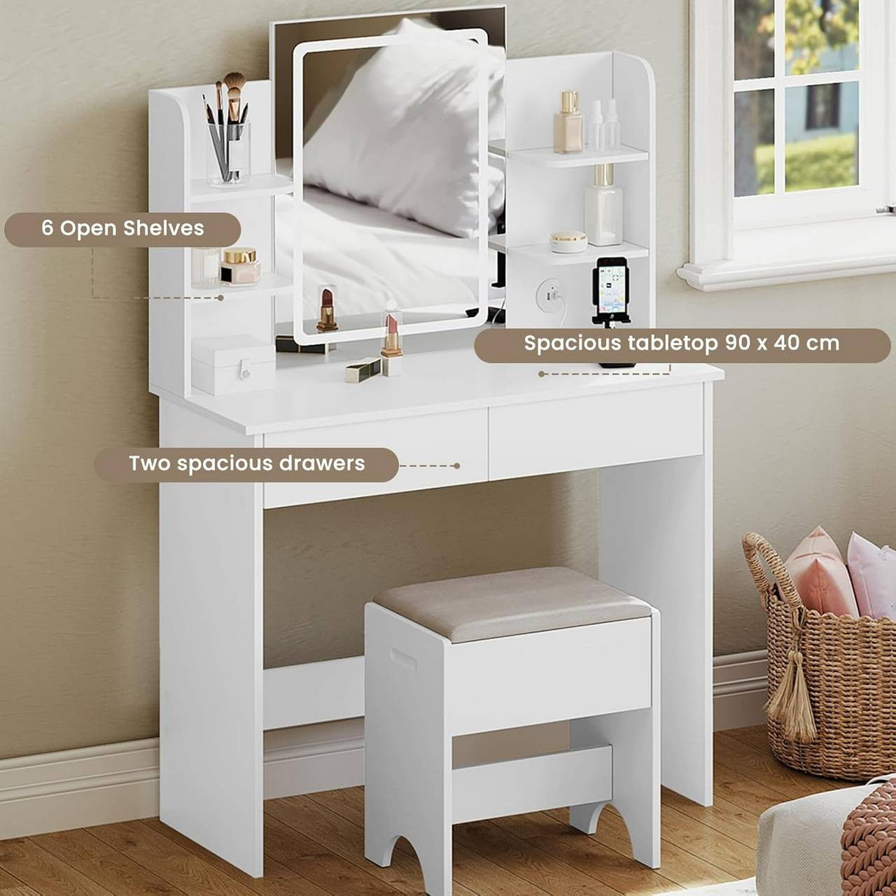 24goodz LED Makeup Vanity Table - Adjustable Brightness - Ample Storage Space - E1 Class Wood + Glass - White - 90 x 135 x 40 cm