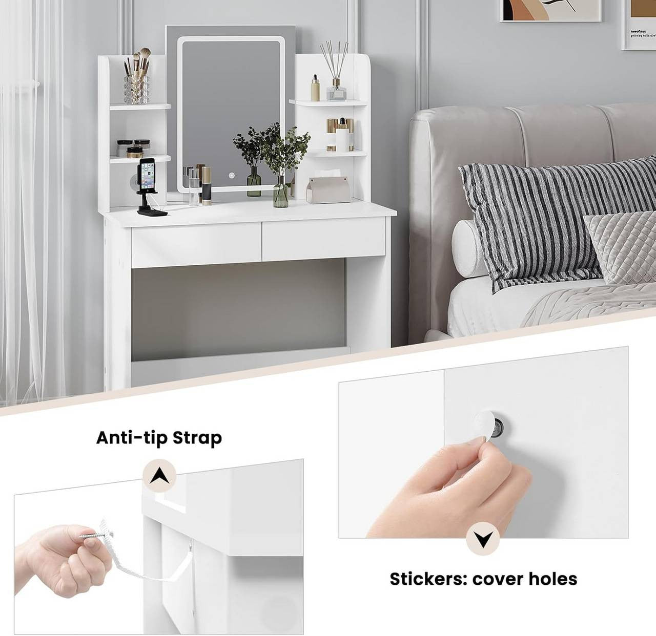 24goodz LED Makeup Vanity Table - Adjustable Brightness - Ample Storage Space - E1 Class Wood + Glass - White - 90 x 135 x 40 cm