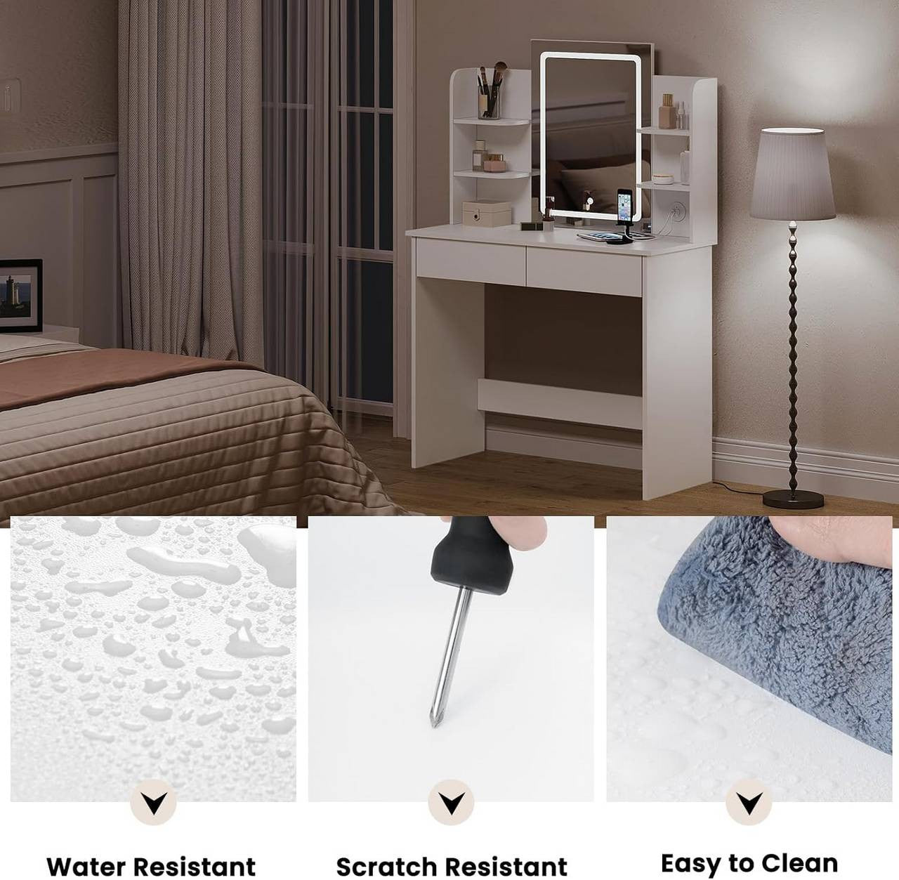 24goodz LED Makeup Vanity Table - Adjustable Brightness - Ample Storage Space - E1 Class Wood + Glass - White - 90 x 135 x 40 cm