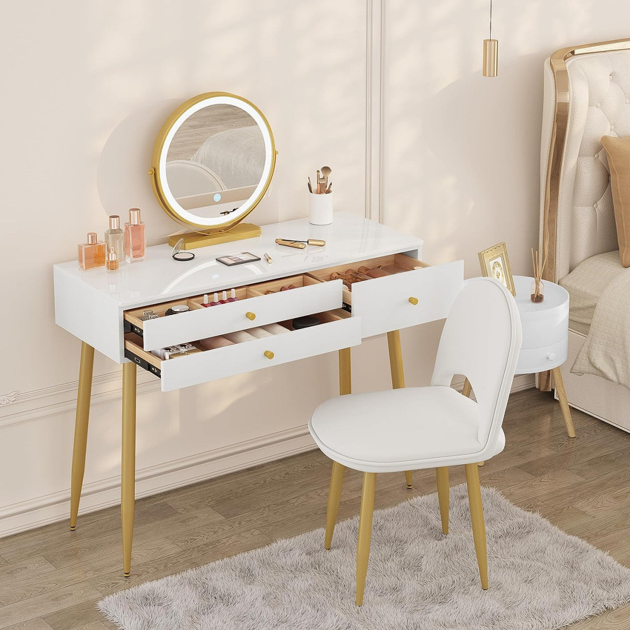 24goodz Vanity Table with Adjustable LED Mirror Light - Spacious Storage - E1 MDF - For Makeup Lovers - Cream + Gold