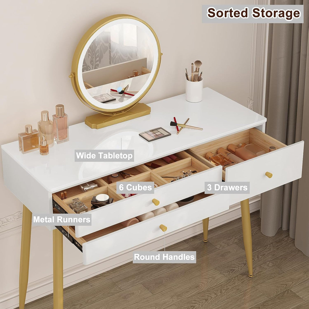 24goodz Vanity Table with Adjustable LED Mirror Light - Spacious Storage - E1 MDF - For Makeup Lovers - Cream + Gold