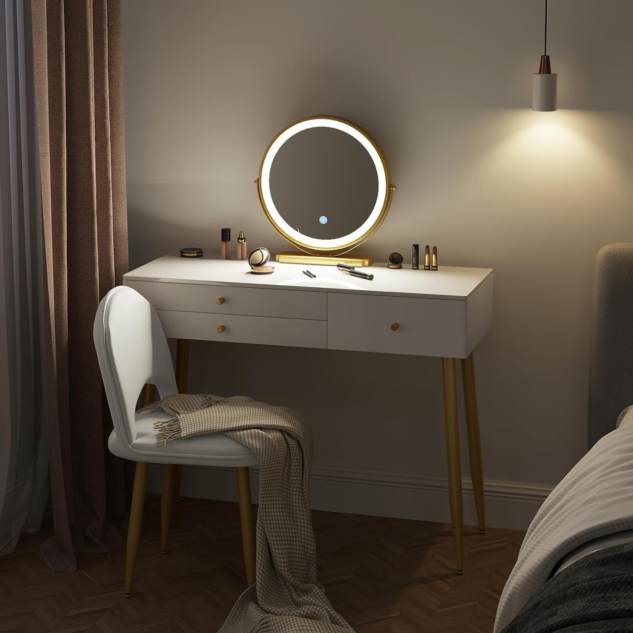 24goodz Vanity Table with Adjustable LED Mirror Light - Spacious Storage - E1 MDF - For Makeup Lovers - Cream + Gold