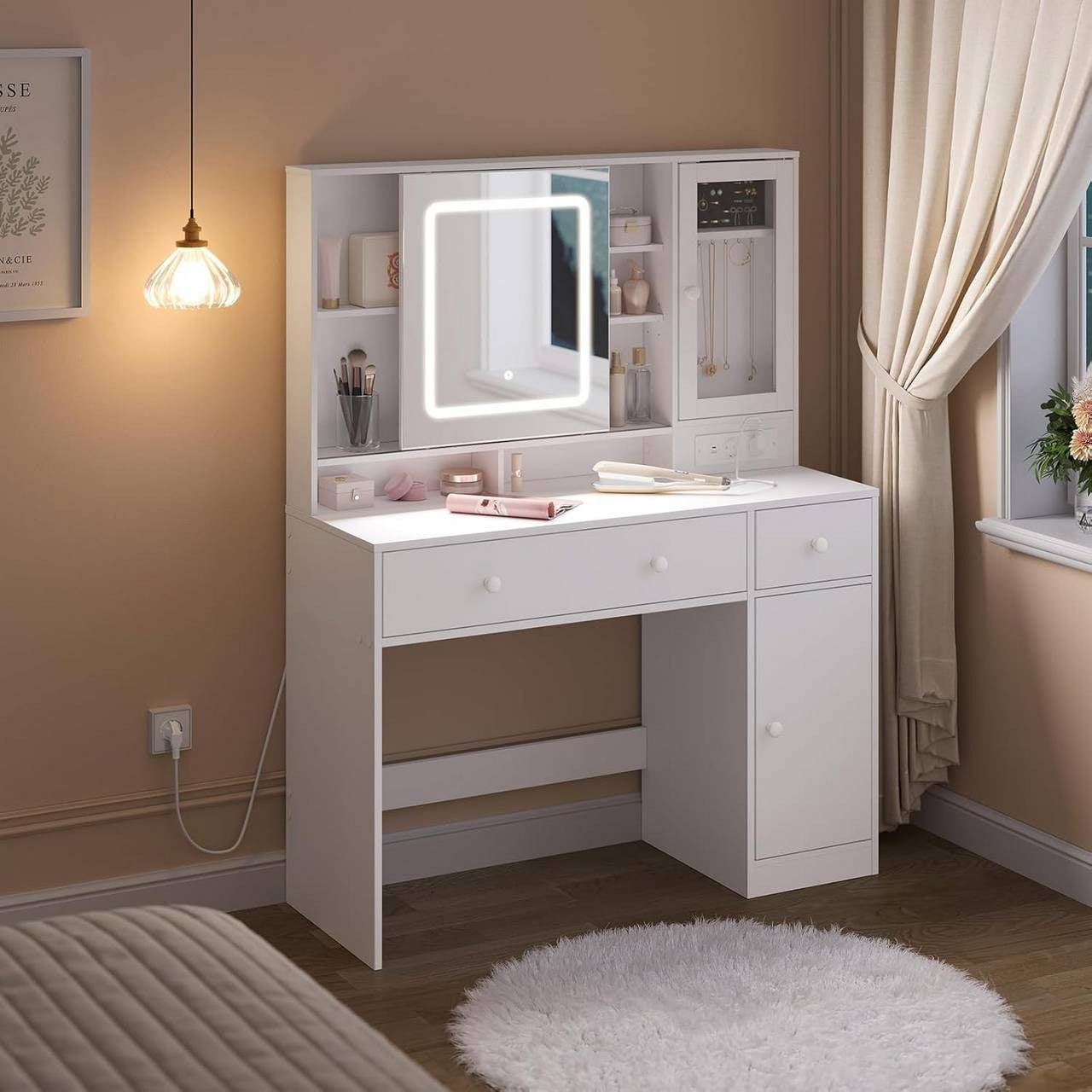 24goodz Vanity Table with LED Mirror - Multifunctional Jewelry Organizer - E1 Class Wood + Glass - For Beauty Enthusiasts - White, 108x40 cm