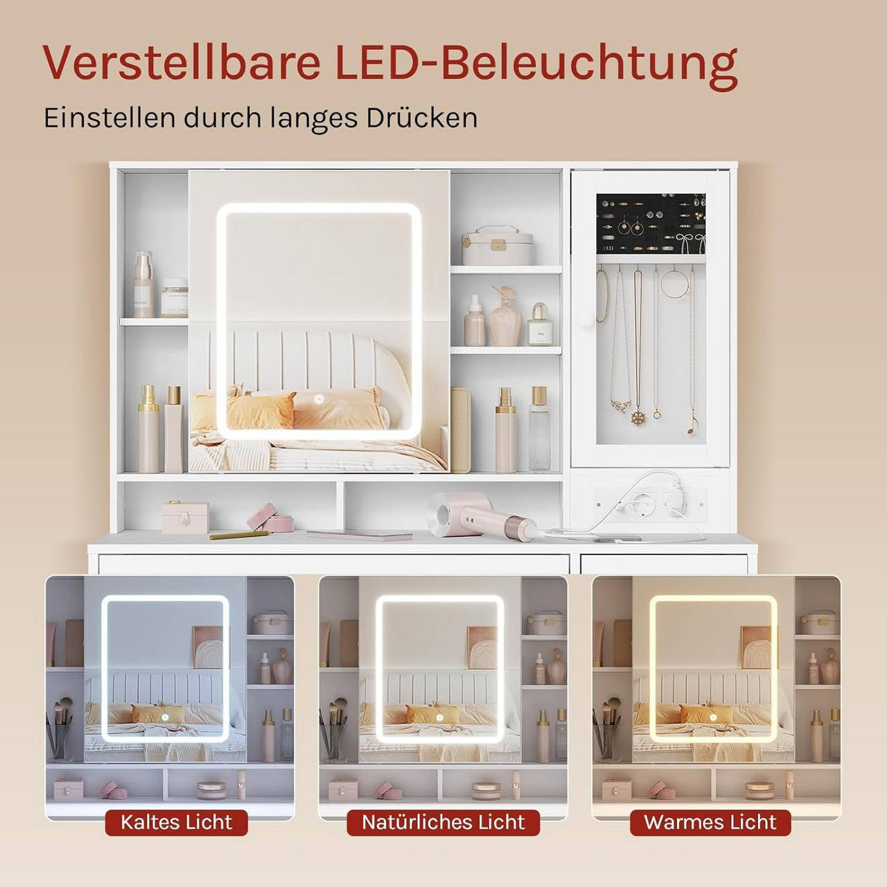 24goodz Vanity Table with LED Mirror - Multifunctional Jewelry Organizer - E1 Class Wood + Glass - For Beauty Enthusiasts - White, 108x40 cm
