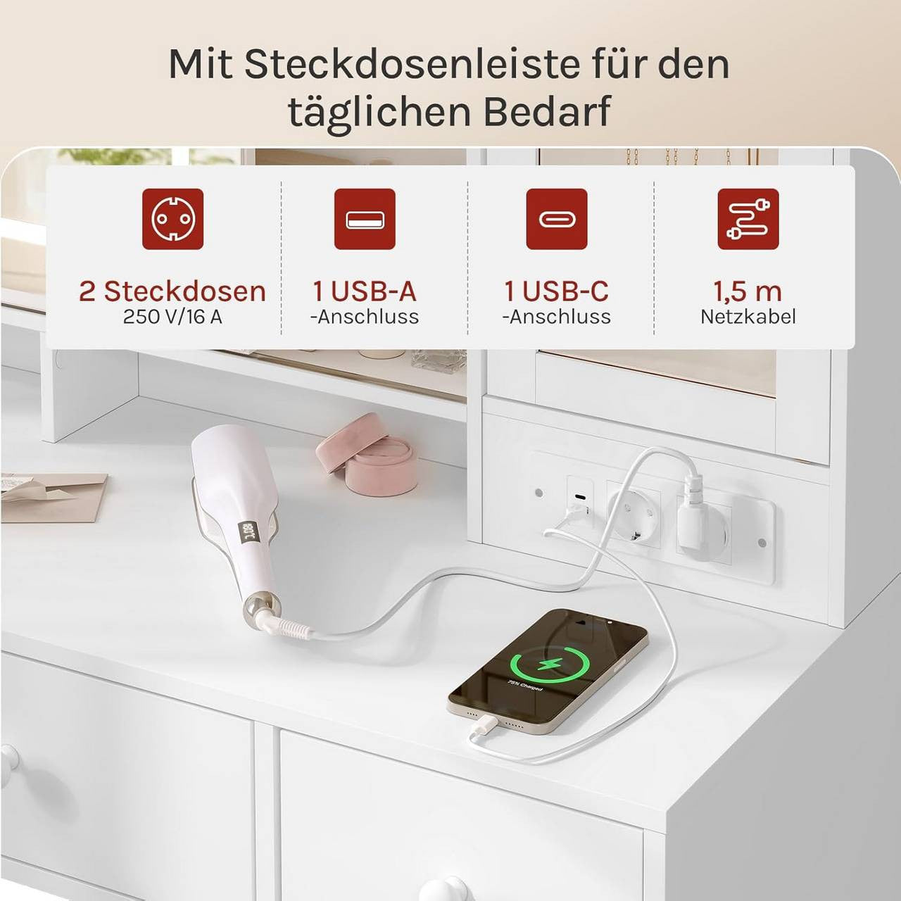 24goodz Vanity Table with LED Mirror - Multifunctional Jewelry Organizer - E1 Class Wood + Glass - For Beauty Enthusiasts - White, 108x40 cm