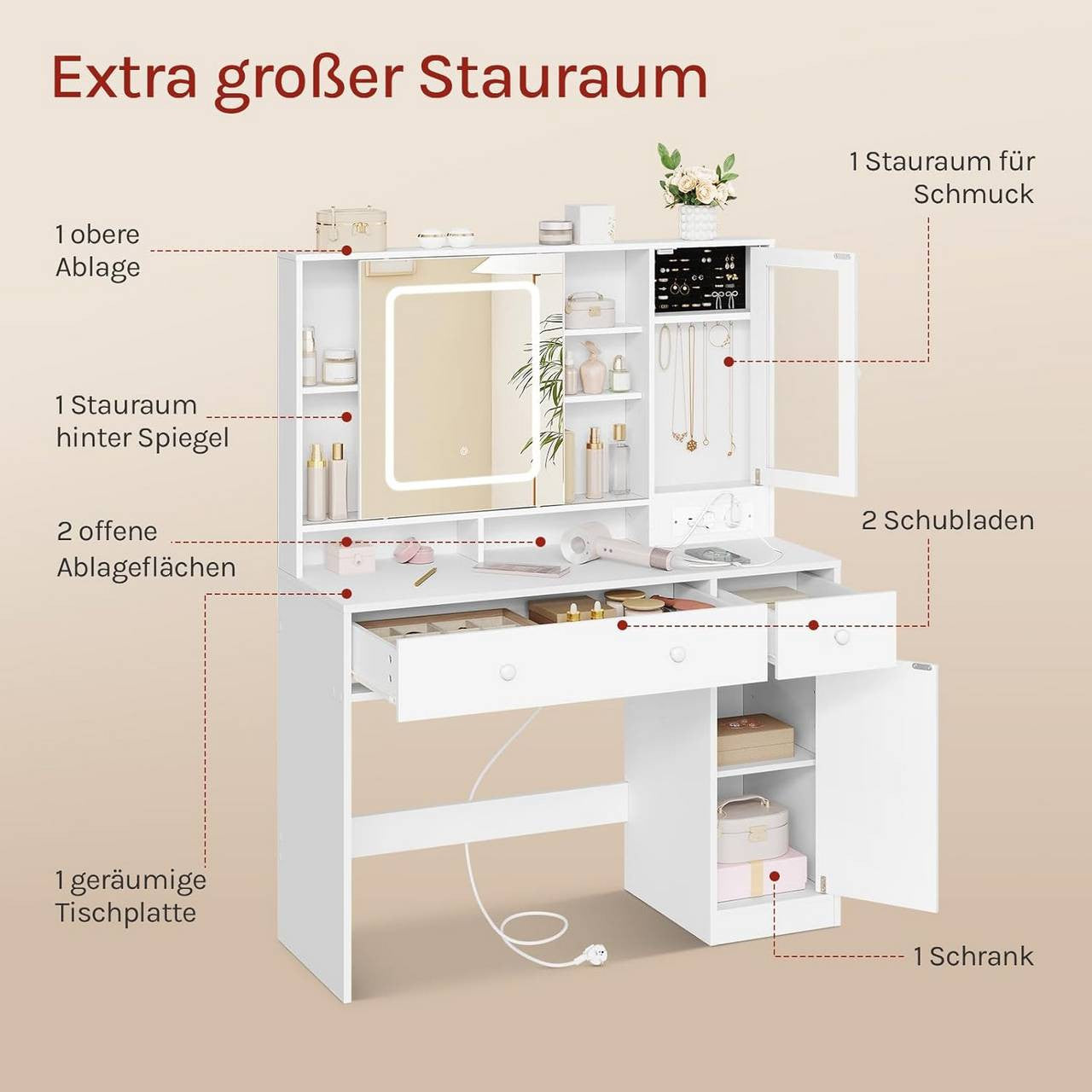 24goodz Vanity Table with LED Mirror - Multifunctional Jewelry Organizer - E1 Class Wood + Glass - For Beauty Enthusiasts - White, 108x40 cm