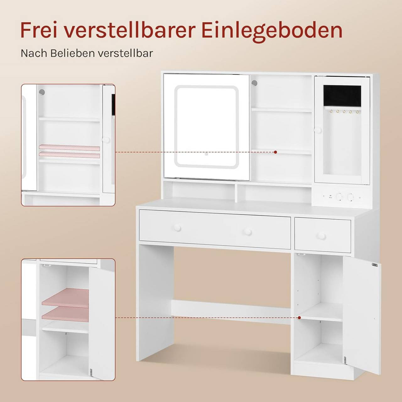 24goodz Vanity Table with LED Mirror - Multifunctional Jewelry Organizer - E1 Class Wood + Glass - For Beauty Enthusiasts - White, 108x40 cm
