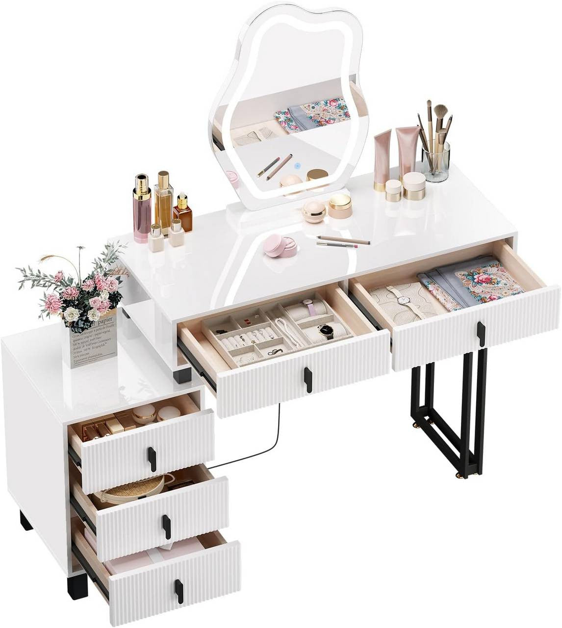 24goodz Vanity Table with LED Mirror - Adjustable Lighting - MDF with Melamine Veneer - For Beauty Enthusiasts - White