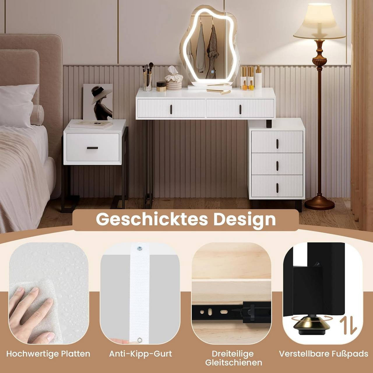 24goodz Vanity Table with LED Mirror - Adjustable Lighting - MDF with Melamine Veneer - For Beauty Enthusiasts - White