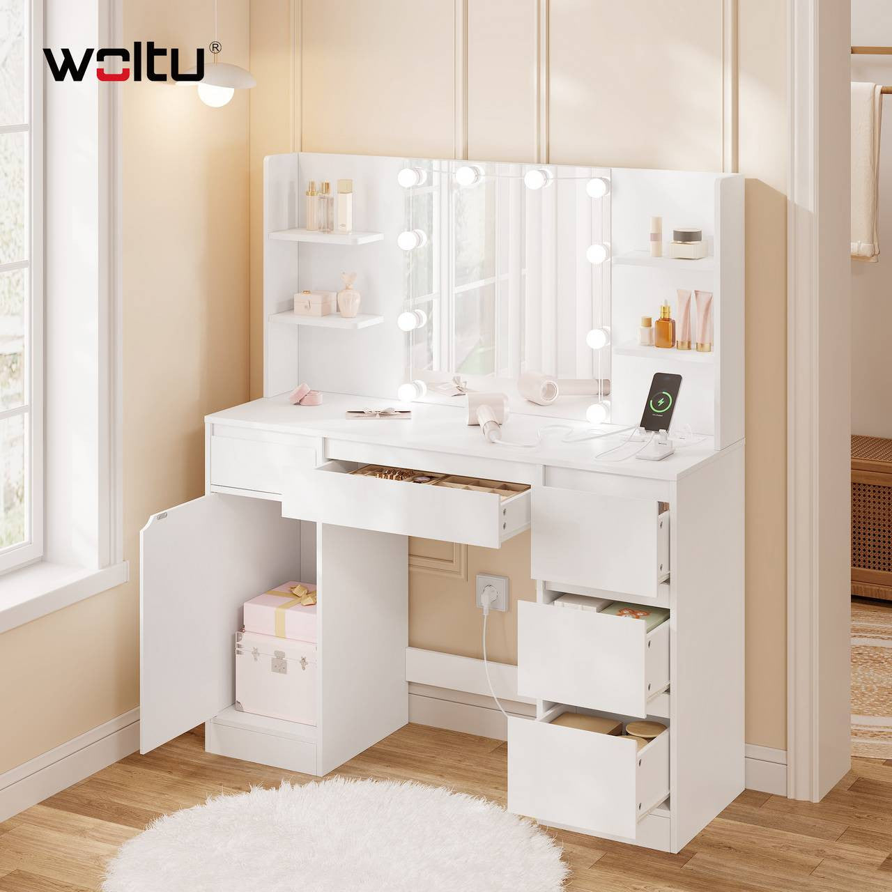 24goodz Makeup Table with Lighting and Power Outlet - Versatile Storage - Adjustable Brightness - E1 Wood - For Beauty Enthusiasts - White