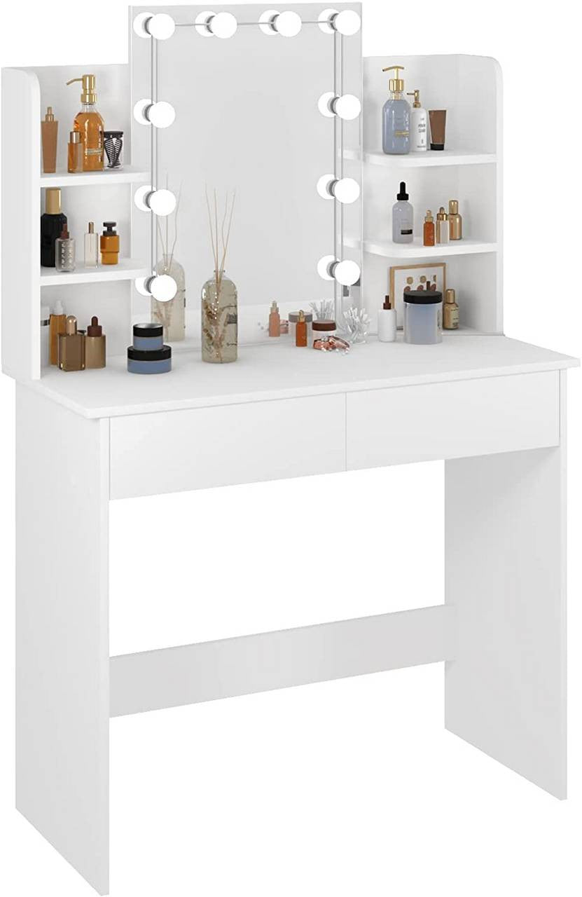 24goodz Dressing Table with LED Lighting - Adjustable Brightness - Ample Storage - MDF - For Beauty Lovers - White - ws