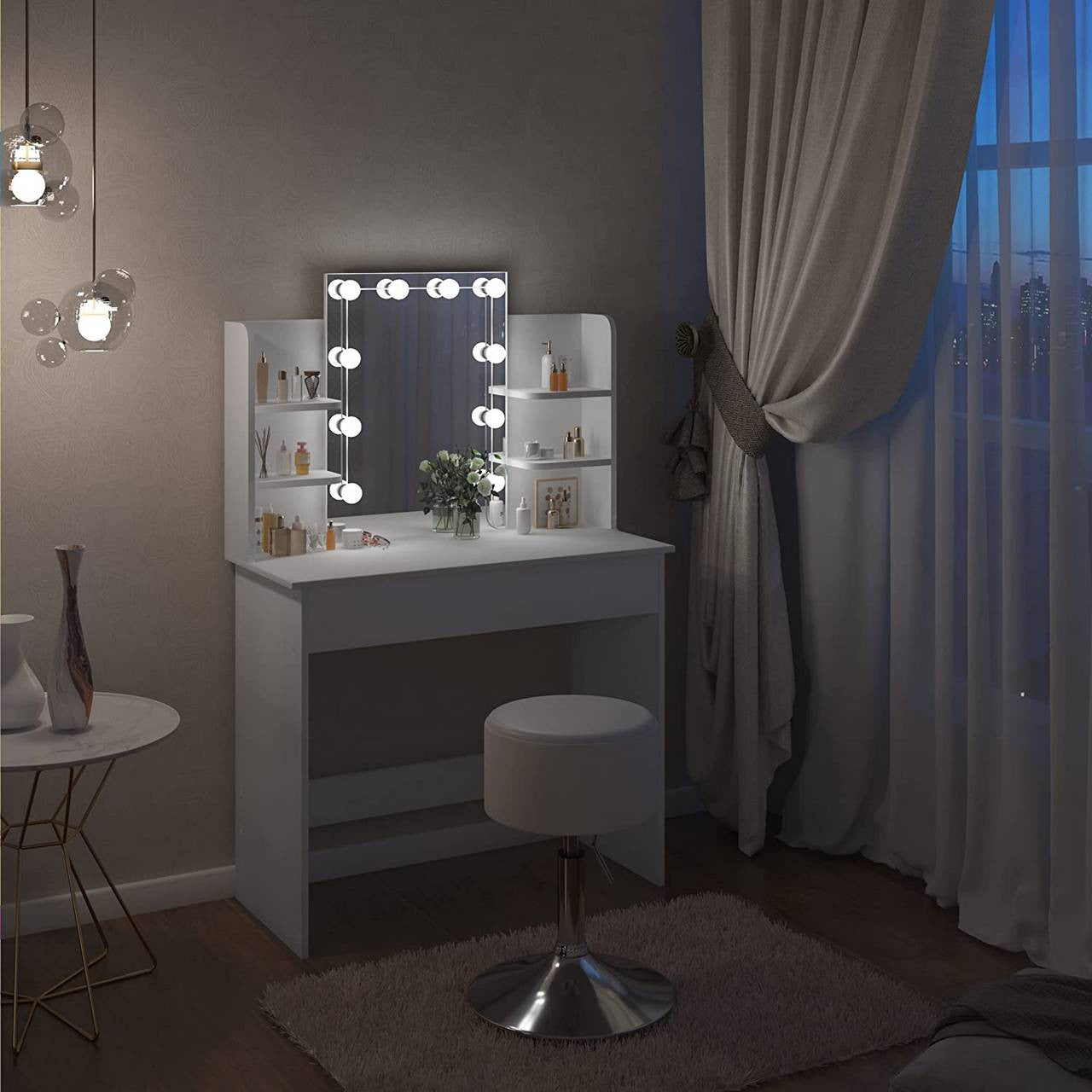 24goodz Dressing Table with LED Lighting - Adjustable Brightness - Ample Storage - MDF - For Beauty Lovers - White - ws