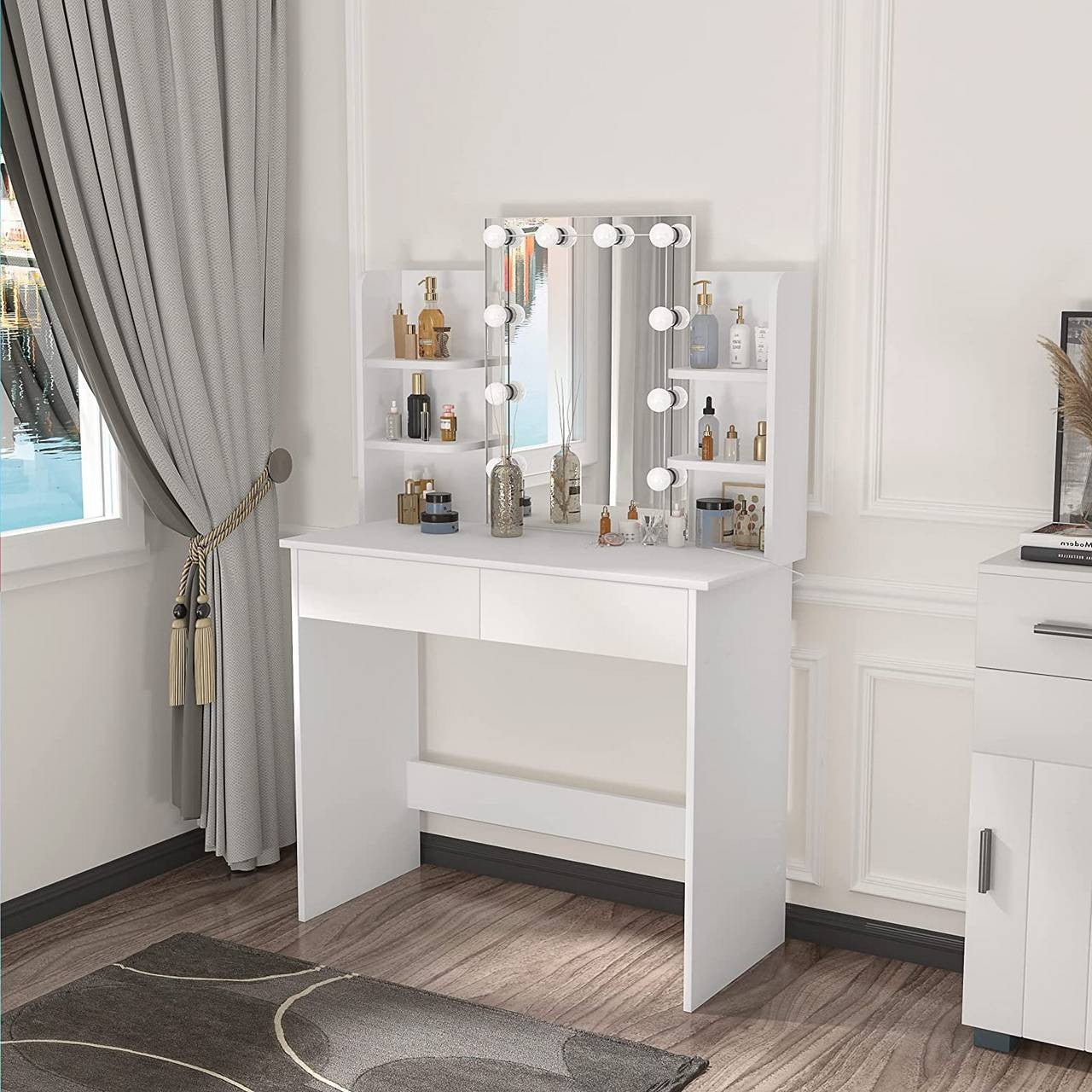 24goodz Dressing Table with LED Lighting - Adjustable Brightness - Ample Storage - MDF - For Beauty Lovers - White - ws