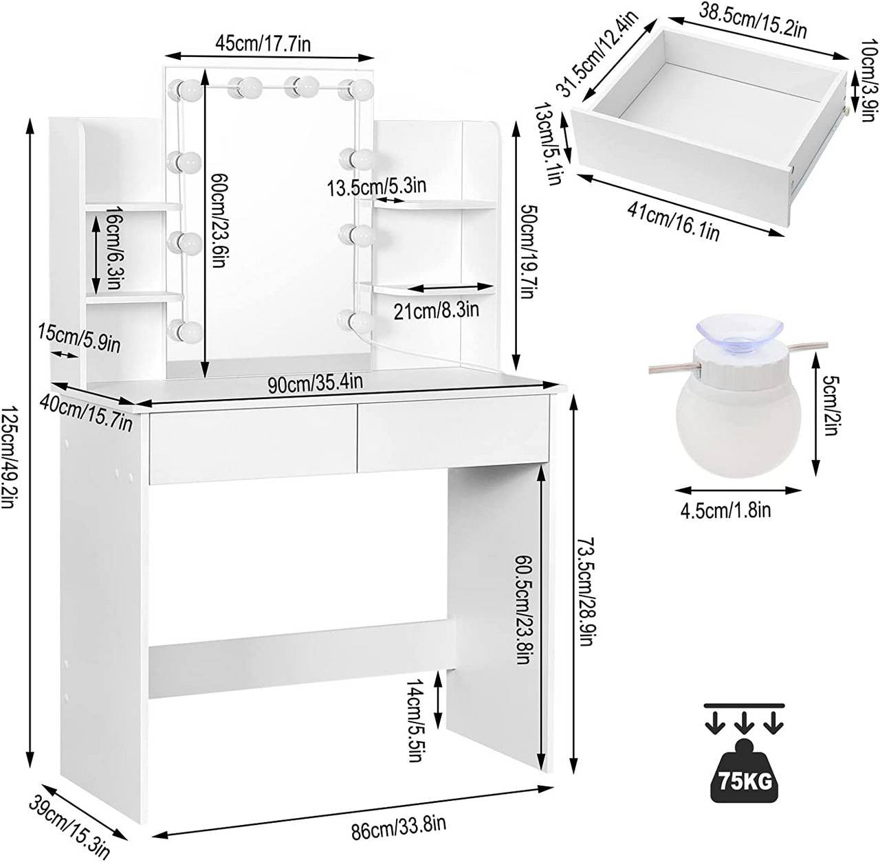 24goodz Dressing Table with LED Lighting - Adjustable Brightness - Ample Storage - MDF - For Beauty Lovers - White - ws