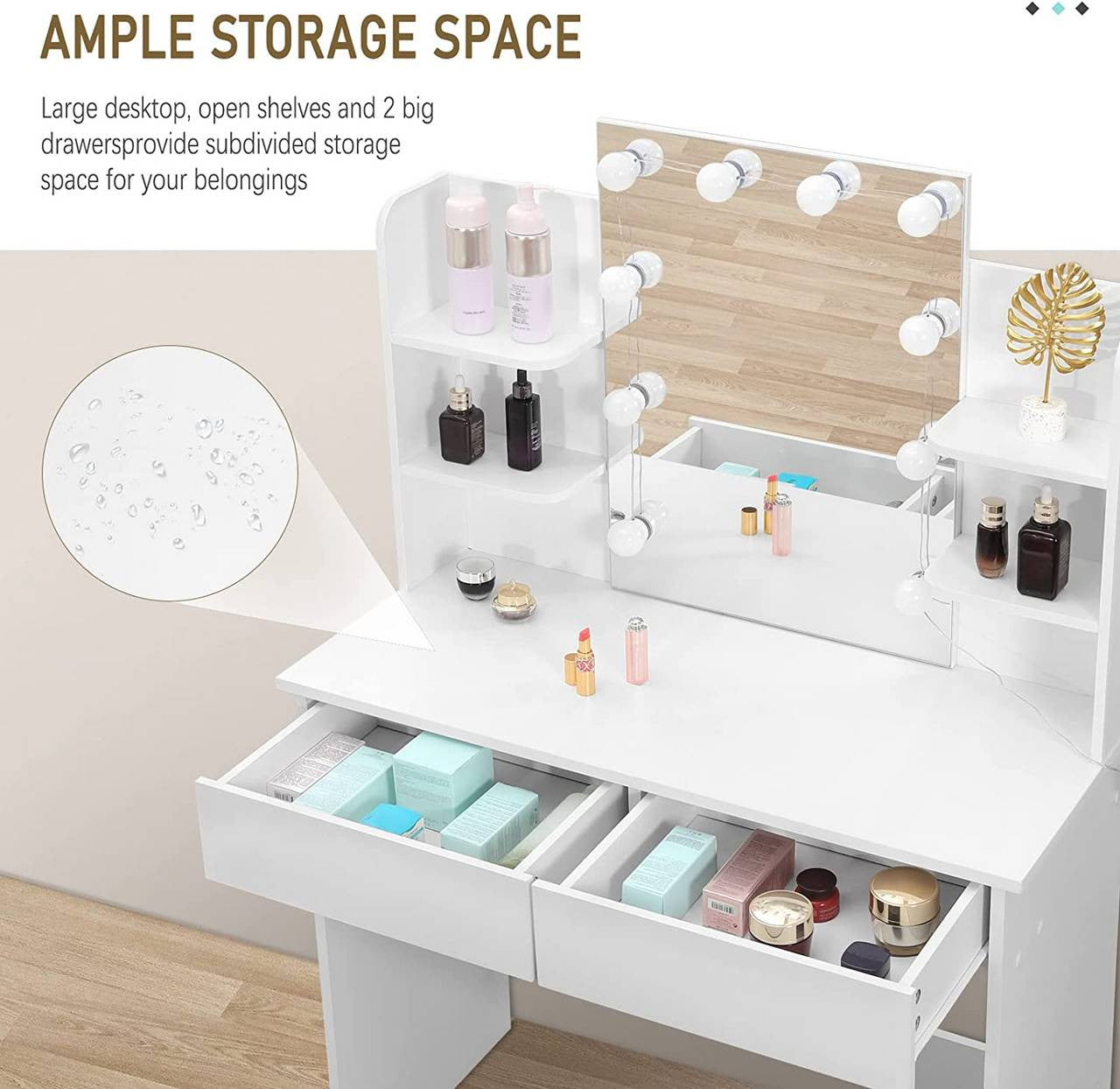 24goodz Dressing Table with LED Lighting - Adjustable Brightness - Ample Storage - MDF - For Beauty Lovers - White - ws