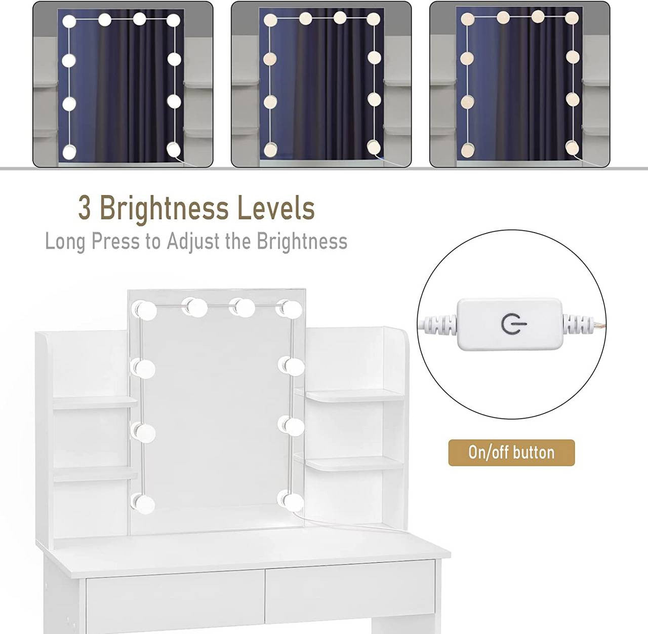 24goodz Dressing Table with LED Lighting - Adjustable Brightness - Ample Storage - MDF - For Beauty Lovers - White - ws