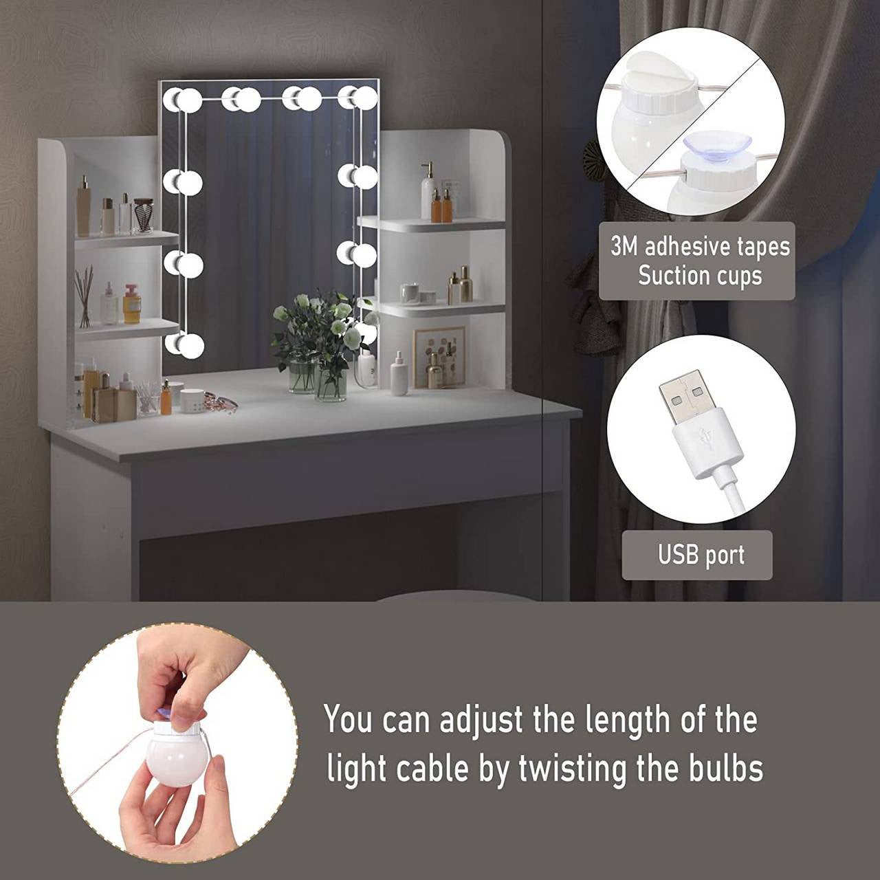 24goodz Dressing Table with LED Lighting - Adjustable Brightness - Ample Storage - MDF - For Beauty Lovers - White - ws