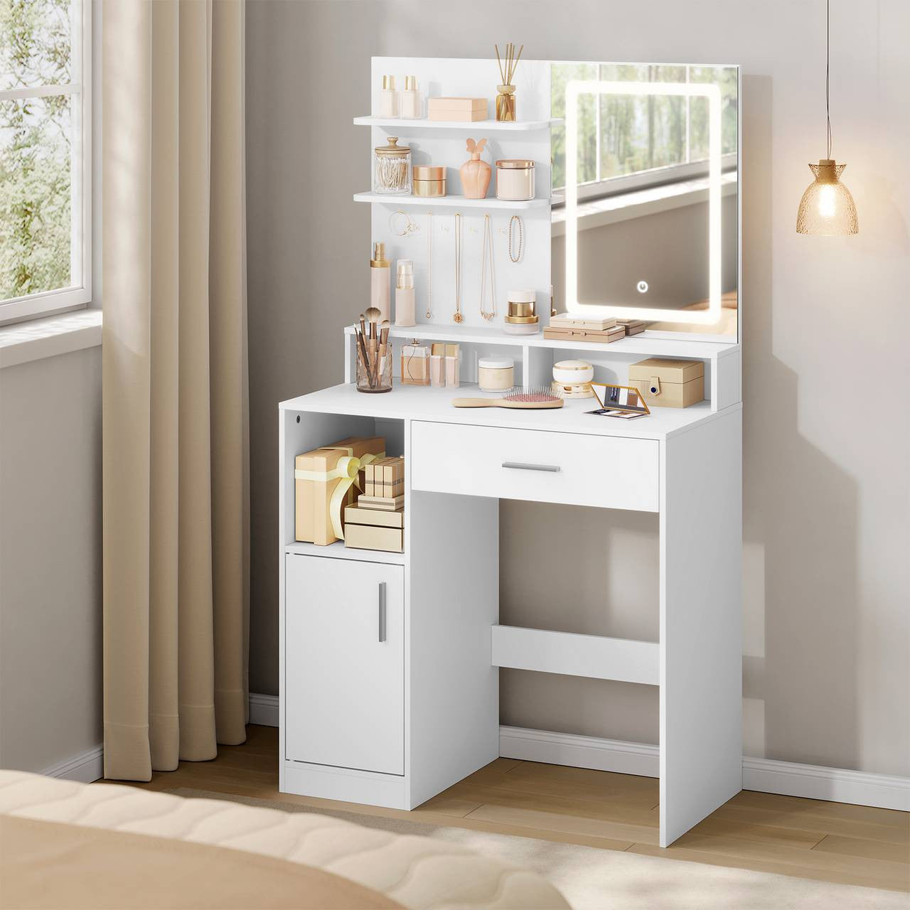 24goodz Vanity Table with LED Lighting - Adjustable Three-Light Mirror - Durable MDF - For Makeup Lovers - White - 80 x 140 x 40 cm