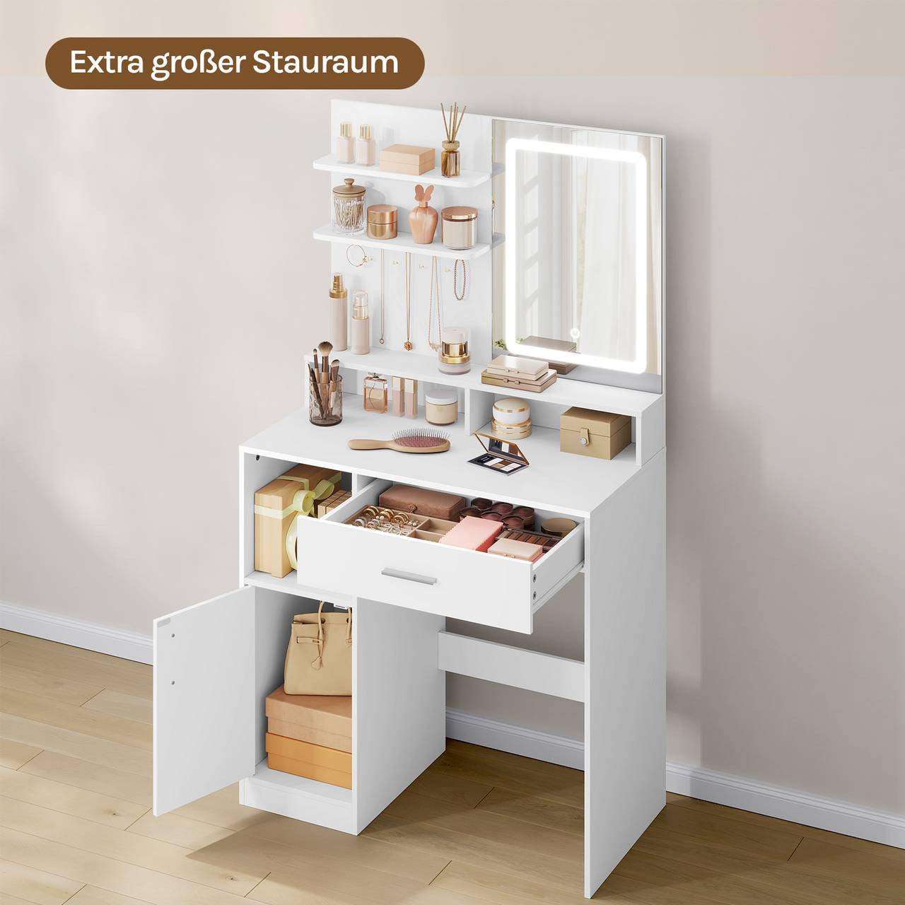 24goodz Vanity Table with LED Lighting - Adjustable Three-Light Mirror - Durable MDF - For Makeup Lovers - White - 80 x 140 x 40 cm