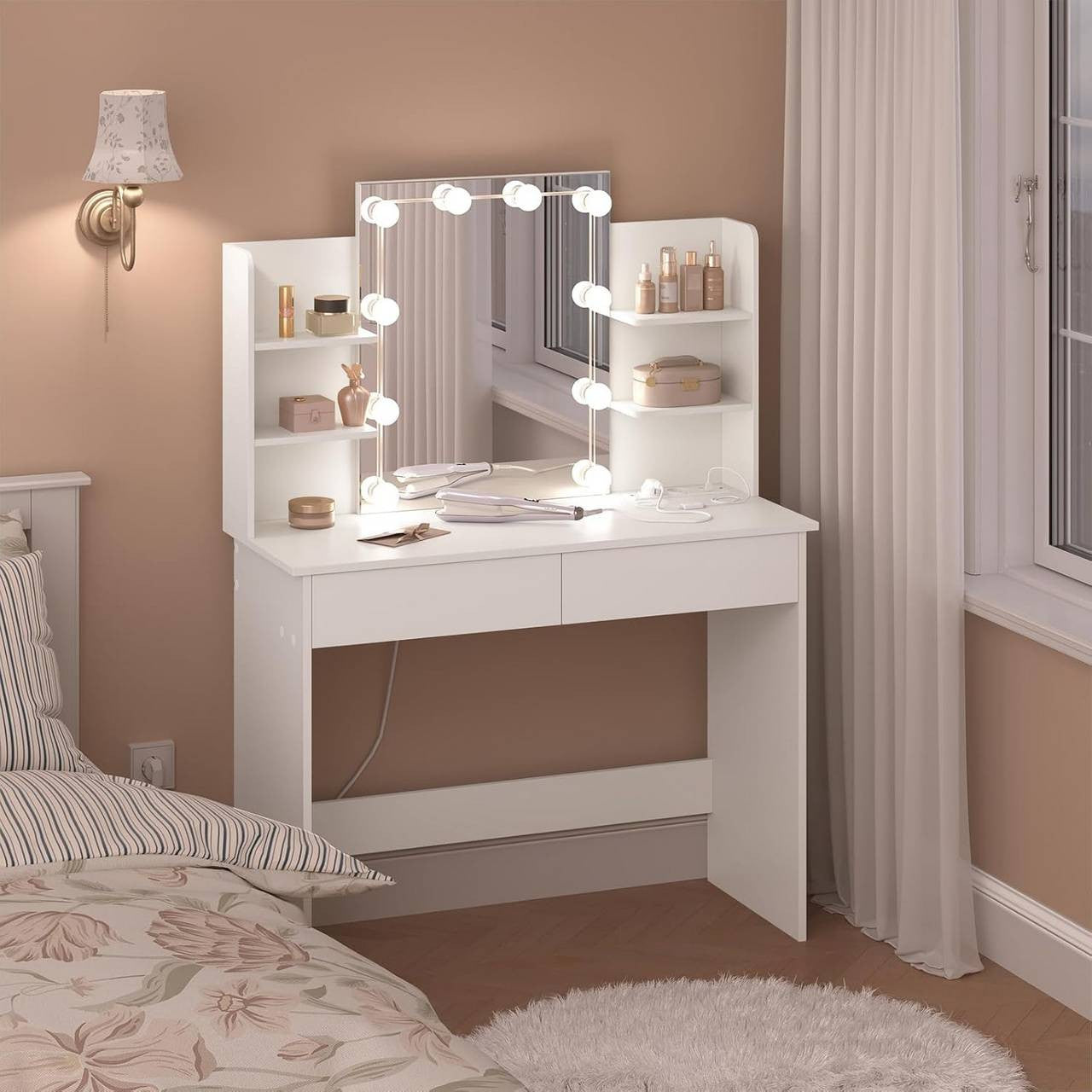 24goodz Vanity Table with LED Lighting - Modern Makeup Station - Large Storage Space - Wood and Glass - White - 90 x 135 x 40 cm