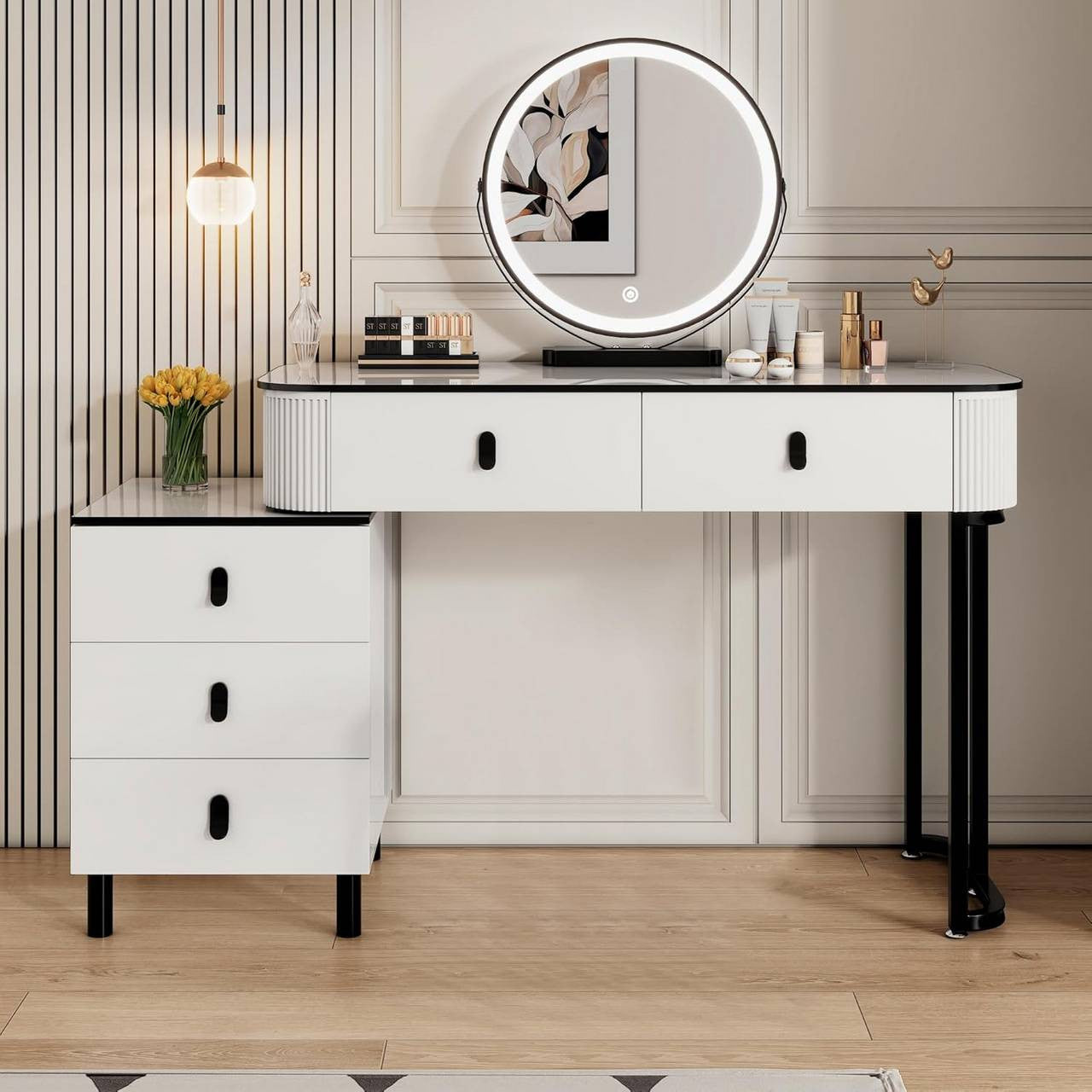 24goodz Vanity Table with LED Mirror - Dimmable Lighting - Ample Storage - MDF - For Home Use - White + Black