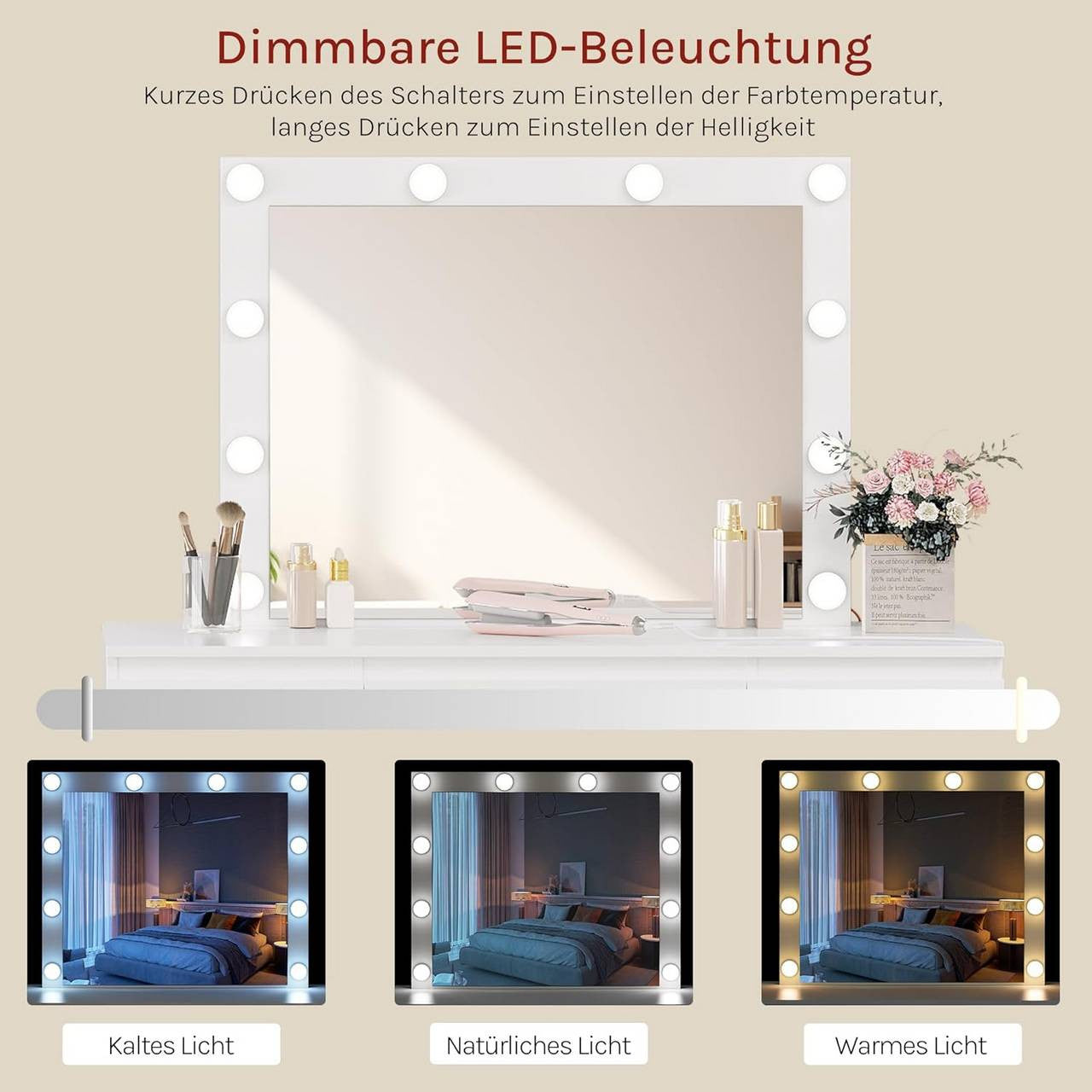 24goodz Vanity Table with Mirror - Dimmable LED Lighting - Ample Storage Space - E1 Wood - For Beauty Enthusiasts - White