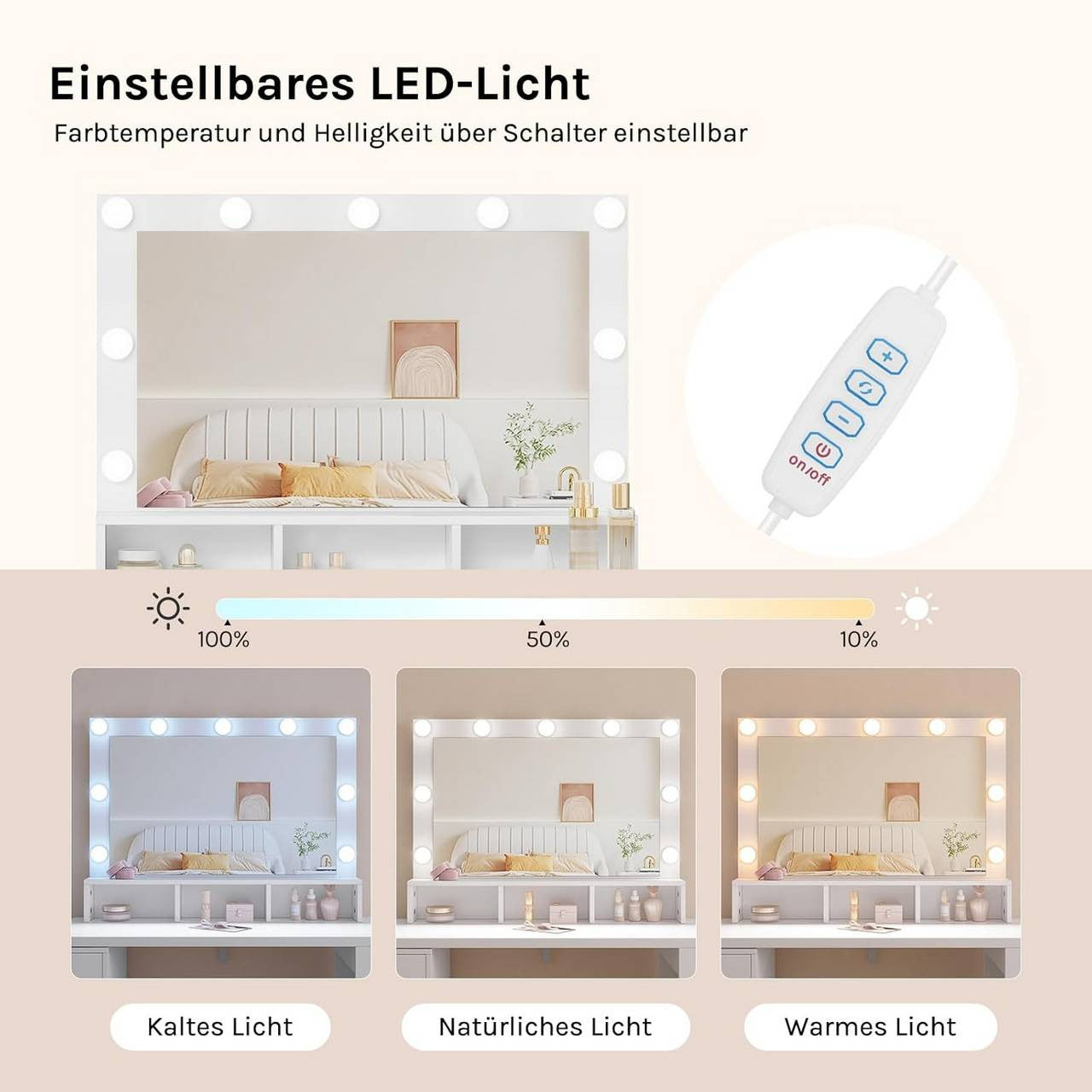 24goodz Dressing Table with Adjustable LED Lighting - Ample Storage Space - E1-Class Wood + Glass - White - 90 x 134.5 x 40 cm