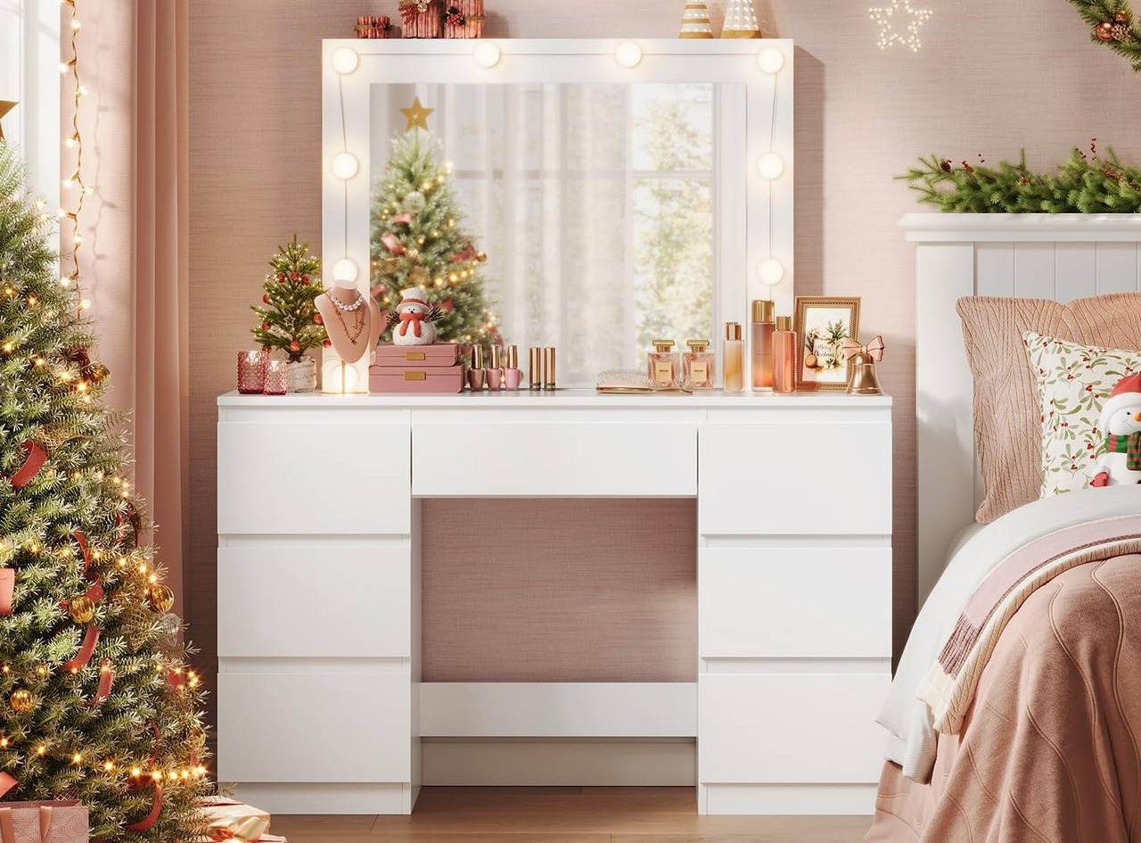 24goodz Vanity Table with Large Mirror - Adjustable LED Lighting - E1 Quality Wood - For Beauty Enthusiasts - White - 107x140.5x39.5 cm