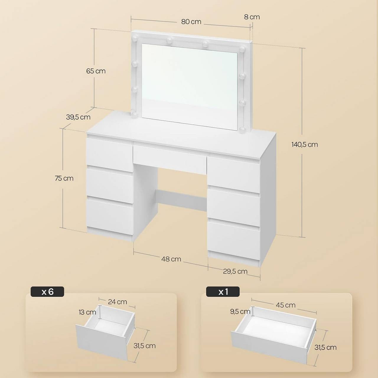 24goodz Vanity Table with Large Mirror - Adjustable LED Lighting - E1 Quality Wood - For Beauty Enthusiasts - White - 107x140.5x39.5 cm