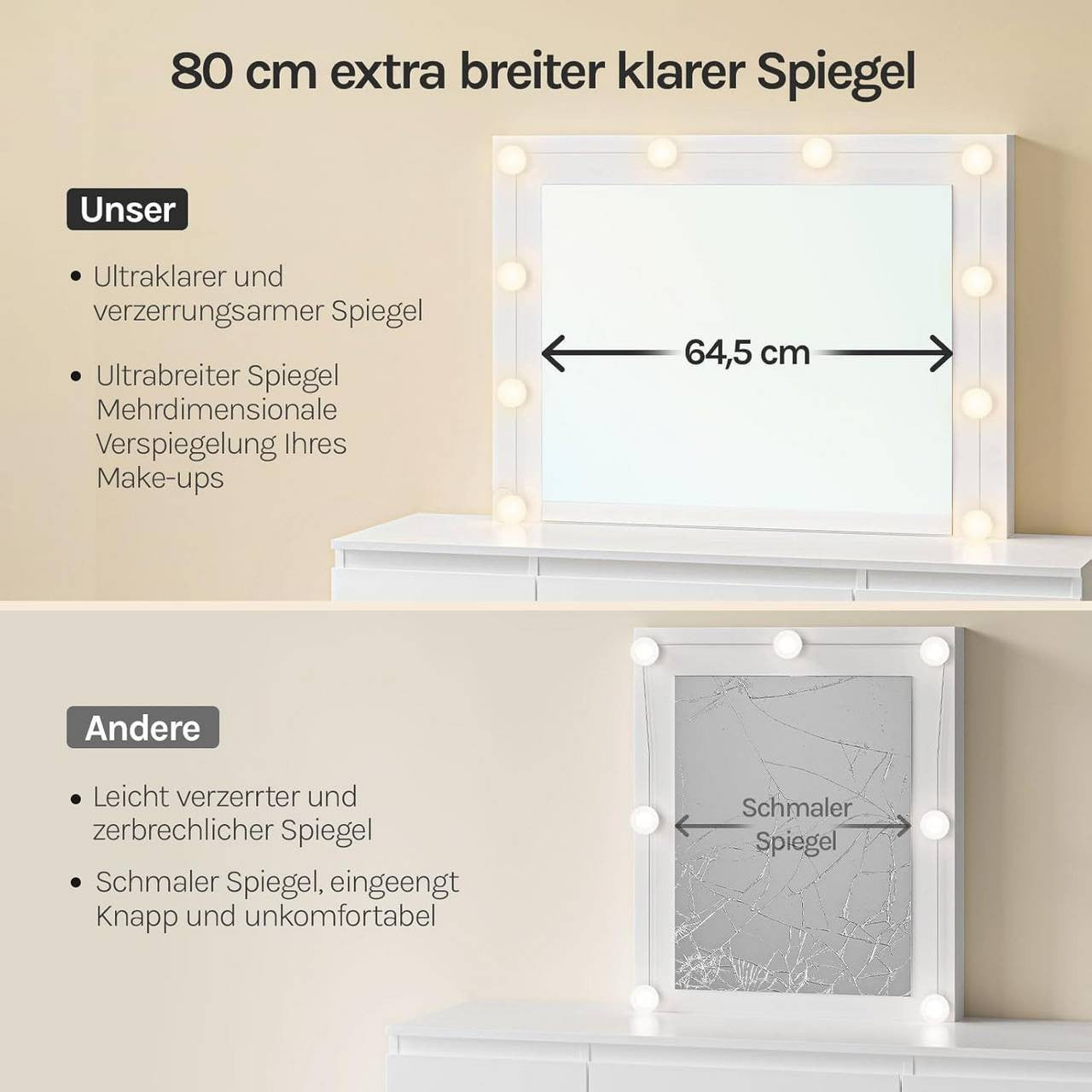 24goodz Vanity Table with Large Mirror - Adjustable LED Lighting - E1 Quality Wood - For Beauty Enthusiasts - White - 107x140.5x39.5 cm
