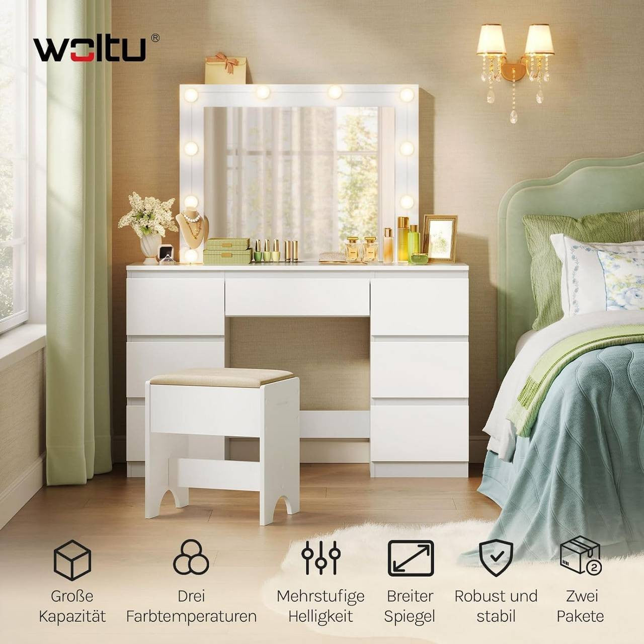 24goodz Vanity Table with Large Mirror - Adjustable LED Lighting - E1 Quality Wood - For Beauty Enthusiasts - White - 107x140.5x39.5 cm