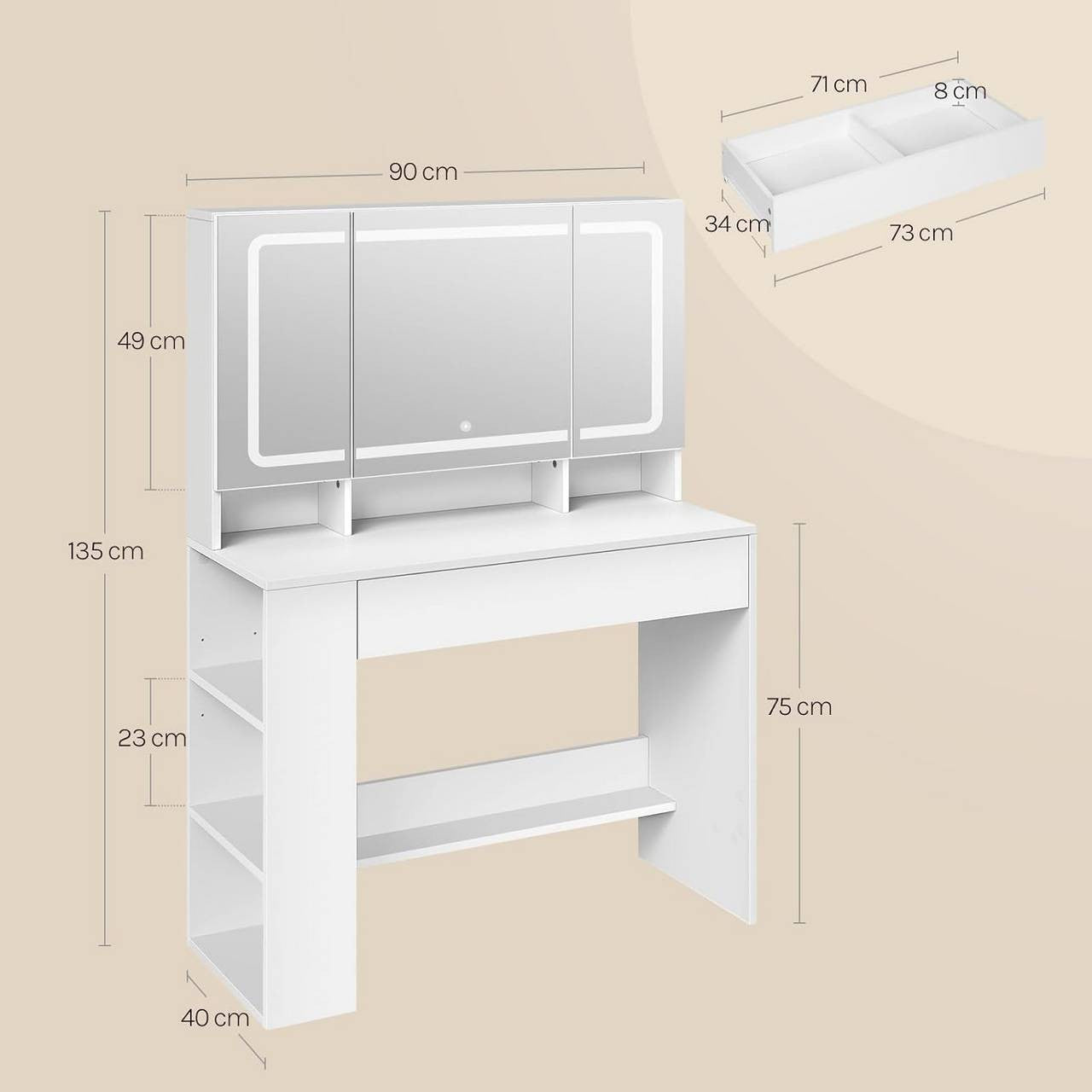 24goodz Vanity Table with Large Mirror - Adjustable LED Lighting - E1-Quality Particleboard - For All Ages - White 90x40 cm
