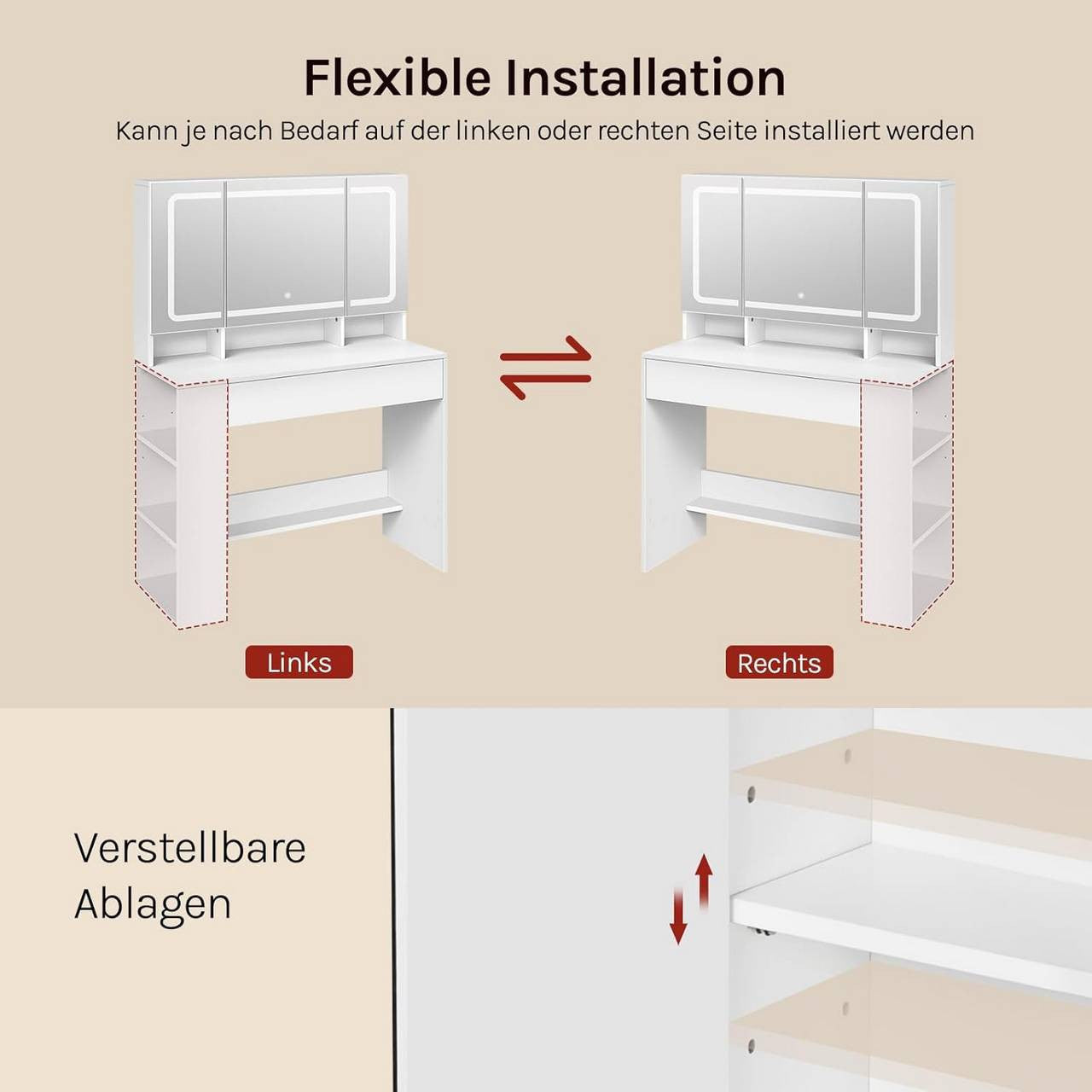 24goodz Vanity Table with Large Mirror - Adjustable LED Lighting - E1-Quality Particleboard - For All Ages - White 90x40 cm