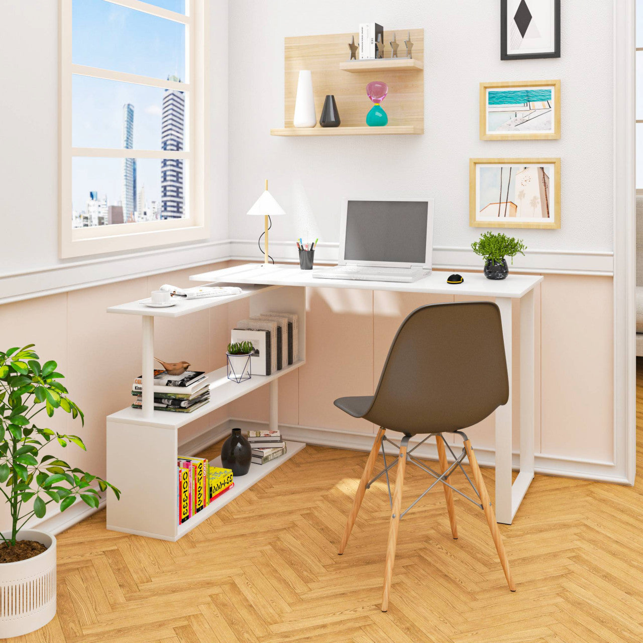 24goodz Corner Desk with Shelves - Versatile 180° Rotary Design - High-Quality MDF and Steel - For Home Office - White + Light Oak - ws