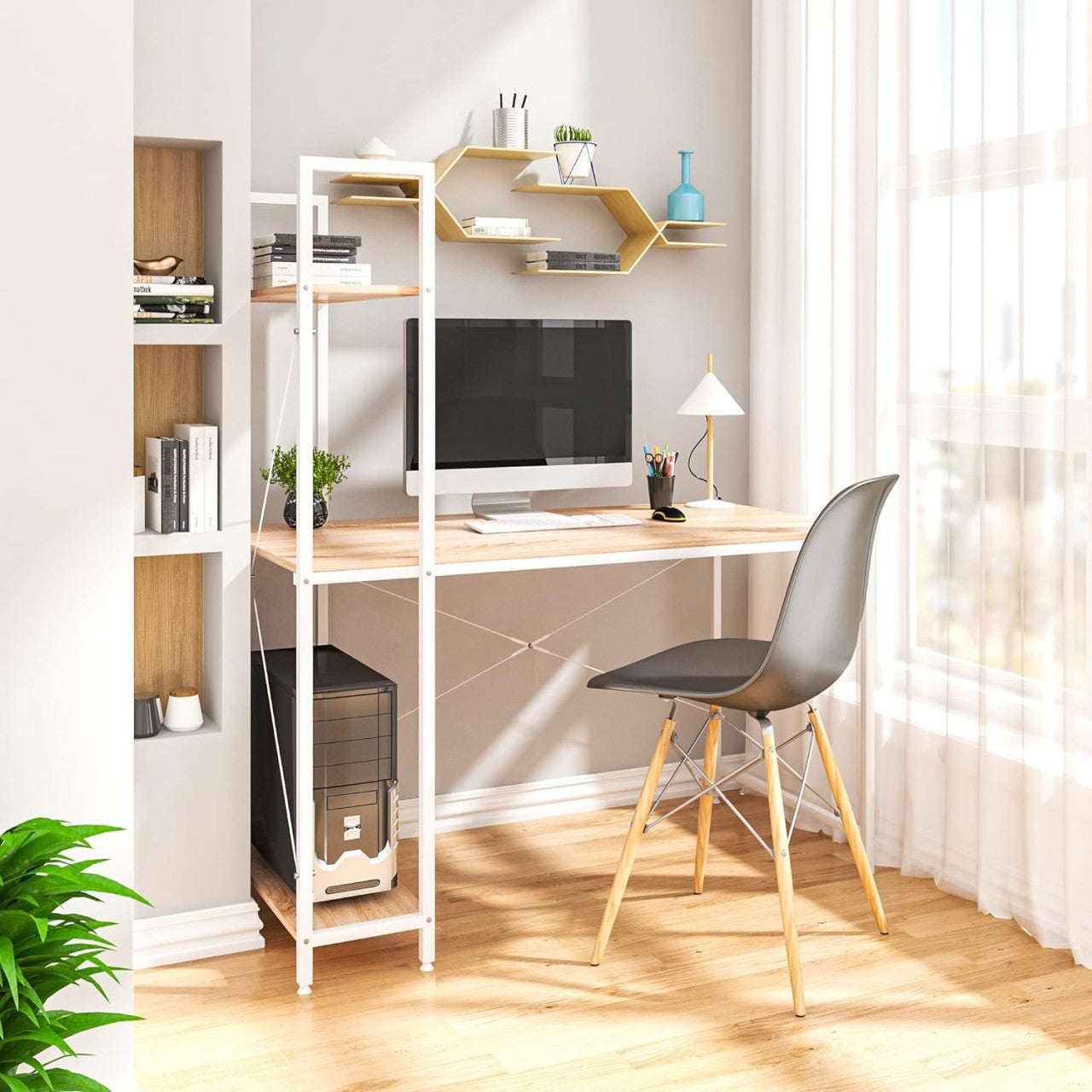 24goodz Office Desk with Storage Shelves - Ample Workspace - Sturdy Metal Frame - E1-Class Wood - For Home and Office - White - whe