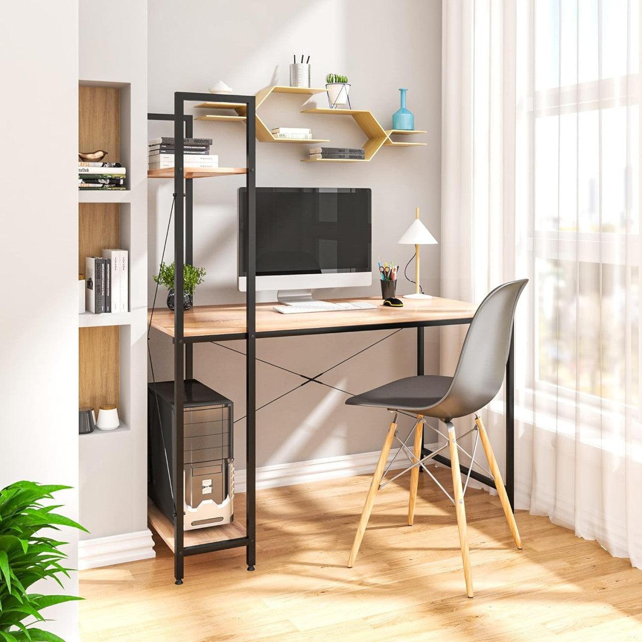 24goodz Office Desk with Storage - Ample Space for All Your Needs - E1-Class Wood and Metal - For Home and Office - Black and Oak - hei