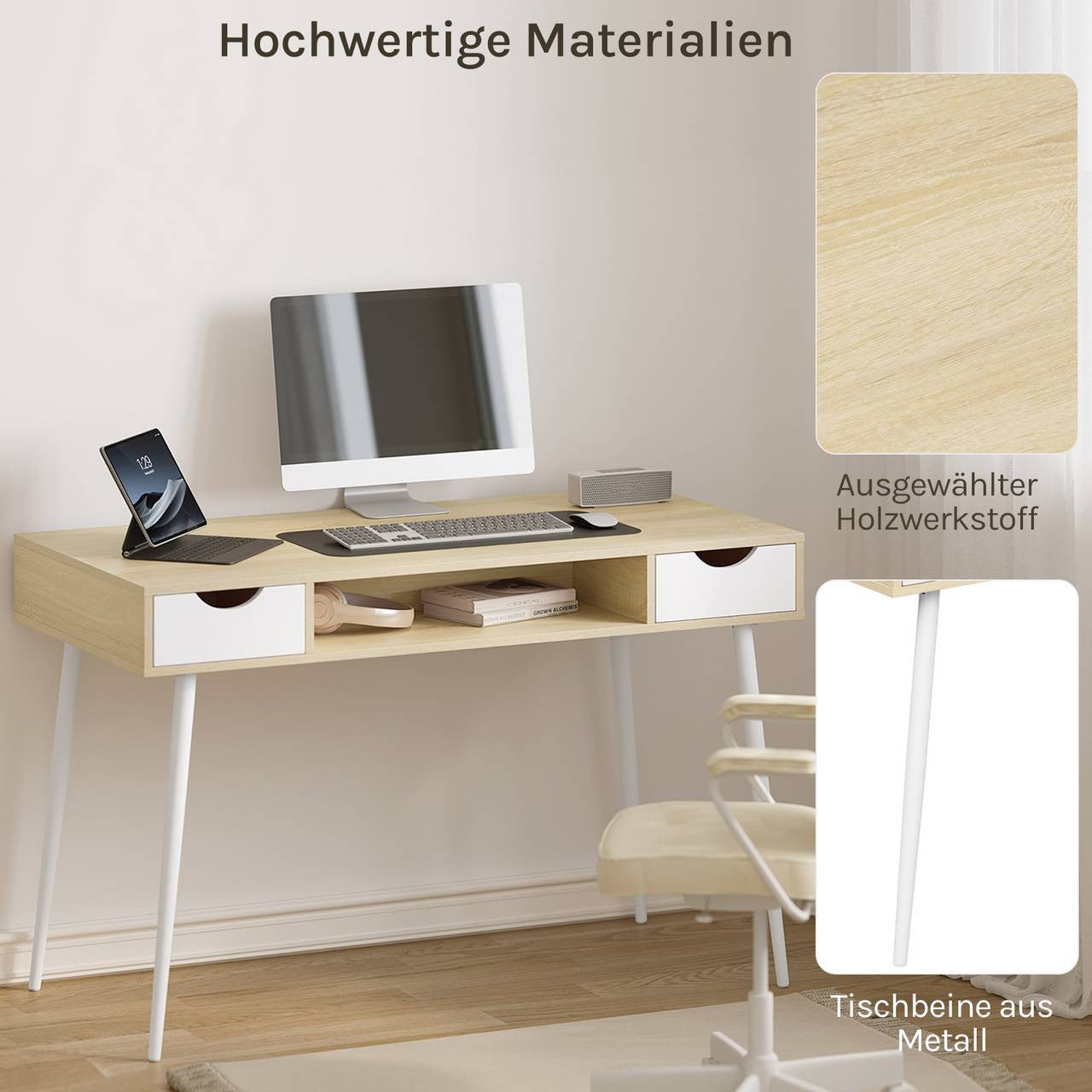 24goodz Office Desk - Ample Working Space - Stable & Solid Design - Engineered Wood + Steel - Oak - 120 x 58 cm - hei