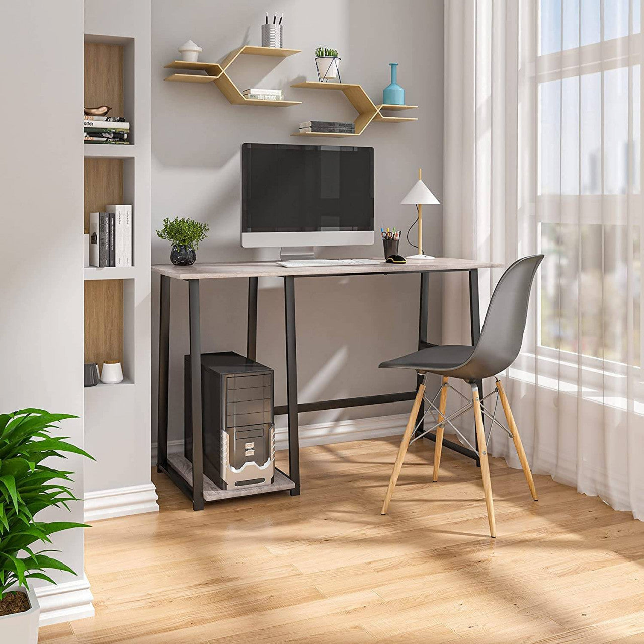 24goodz Computer Desk - Stylish Industrial Design - Ample Storage Space - E1 Engineered Wood and Steel - Grey