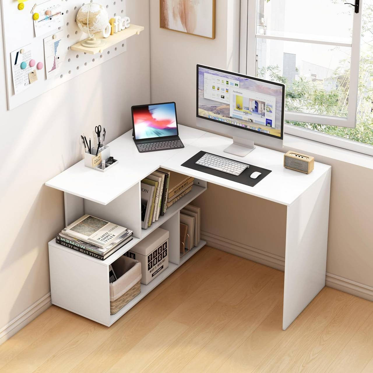 24goodz Corner Desk - 2-in-1 Design - Space-Saving - MDF - For Home Office - White + Light Oak - ws