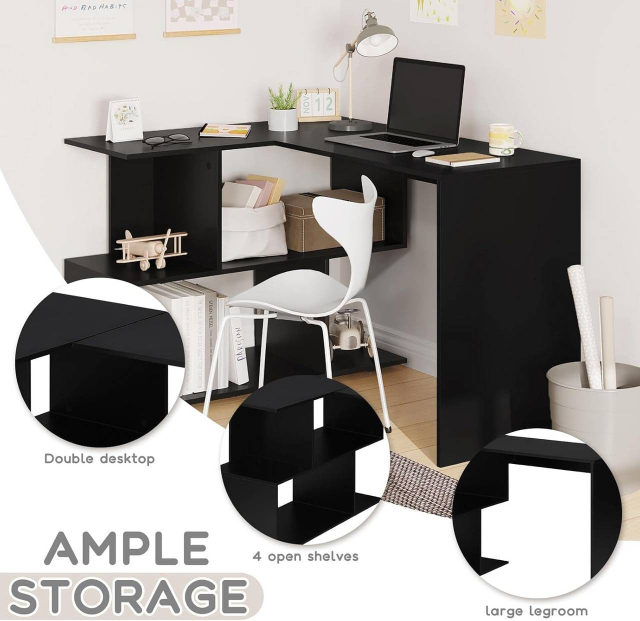 24goodz Corner Desk with Shelves - Space-Saving Design - MDF - For Home Office - Black