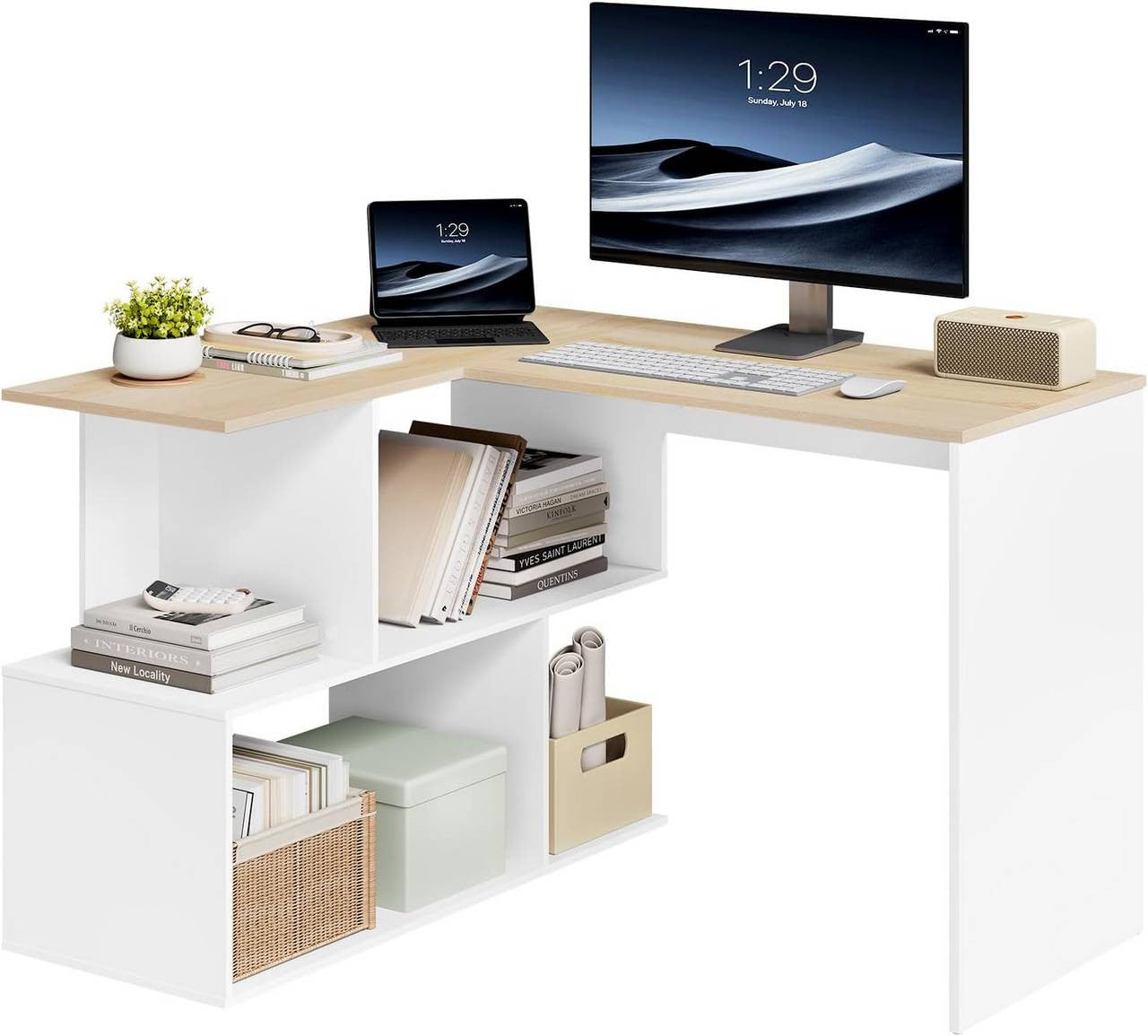 24goodz Corner Desk with Shelves - Versatile 2-in-1 Design - Engineered Wood - For Home Office - White + Light Oak