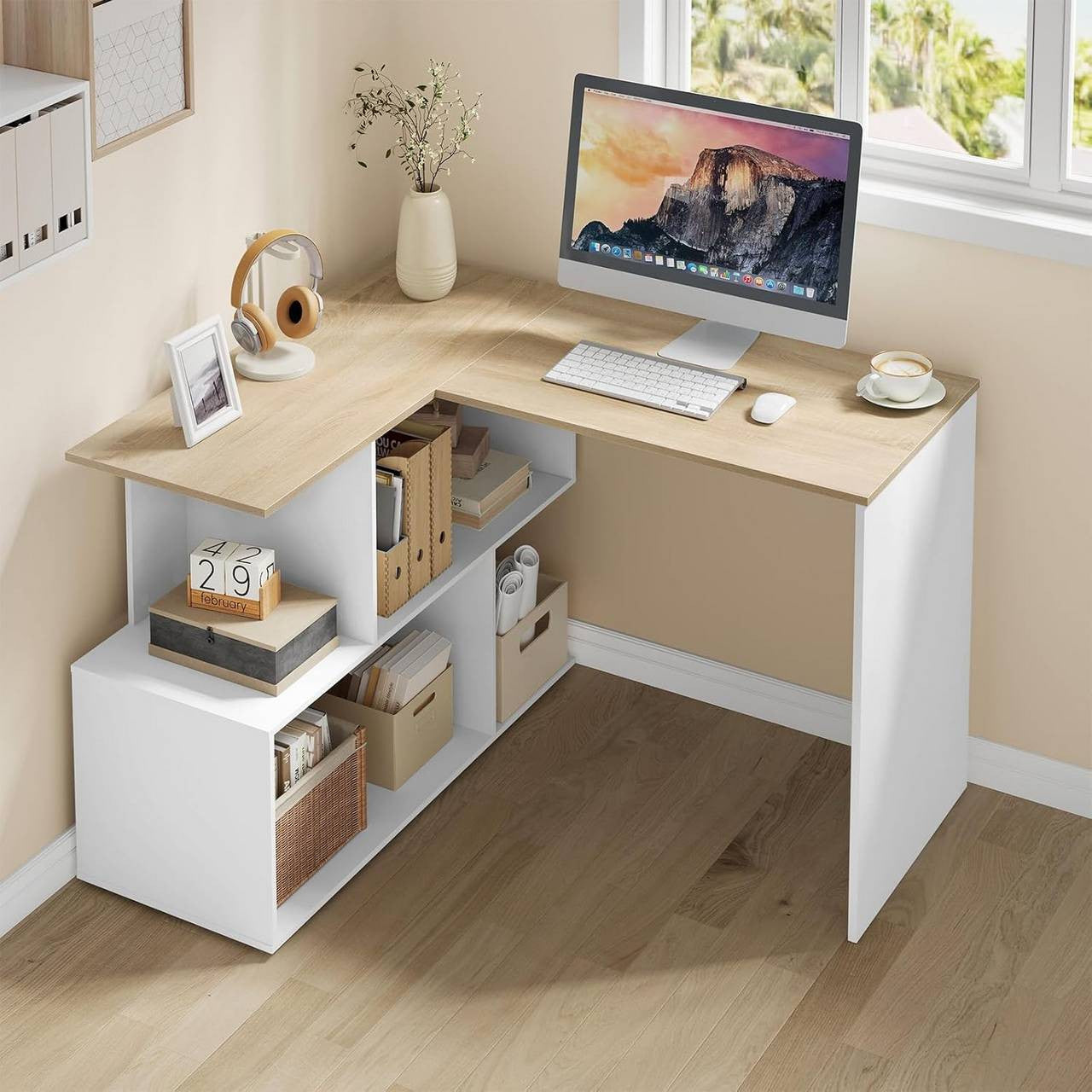 24goodz Corner Desk with Shelves - Versatile 2-in-1 Design - Engineered Wood - For Home Office - White + Light Oak