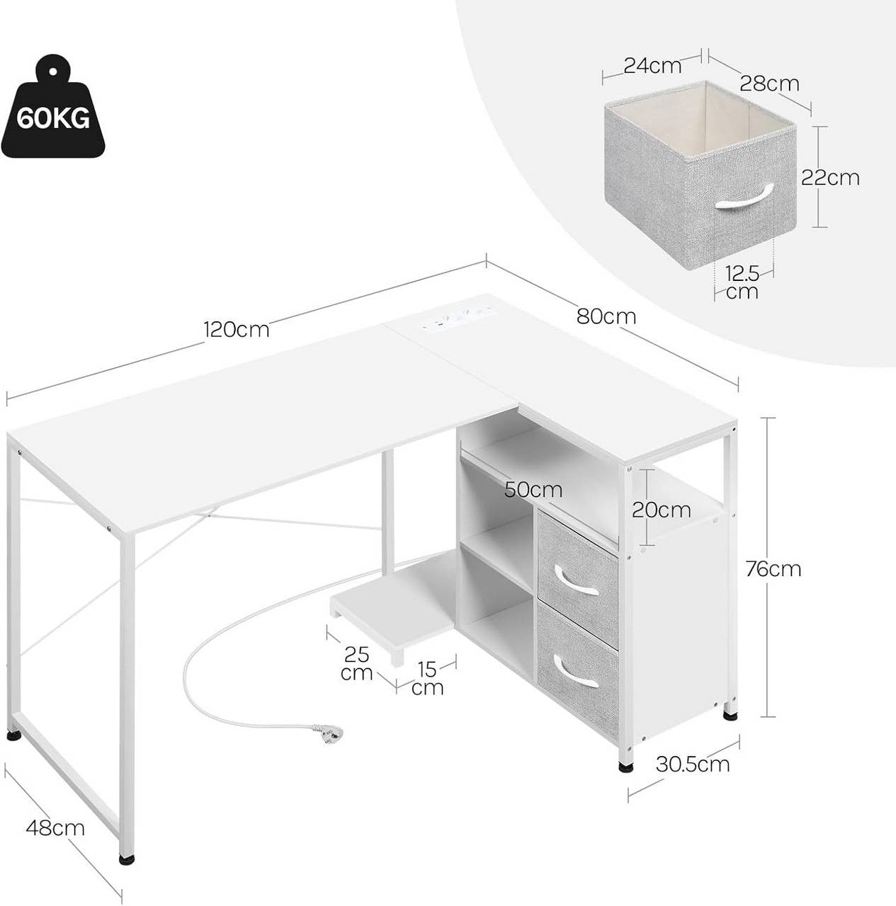 24goodz L-Shaped Corner Desk - Integrated Power Outlet - Spacious Storage - Wood and Metal - For Home Office - White